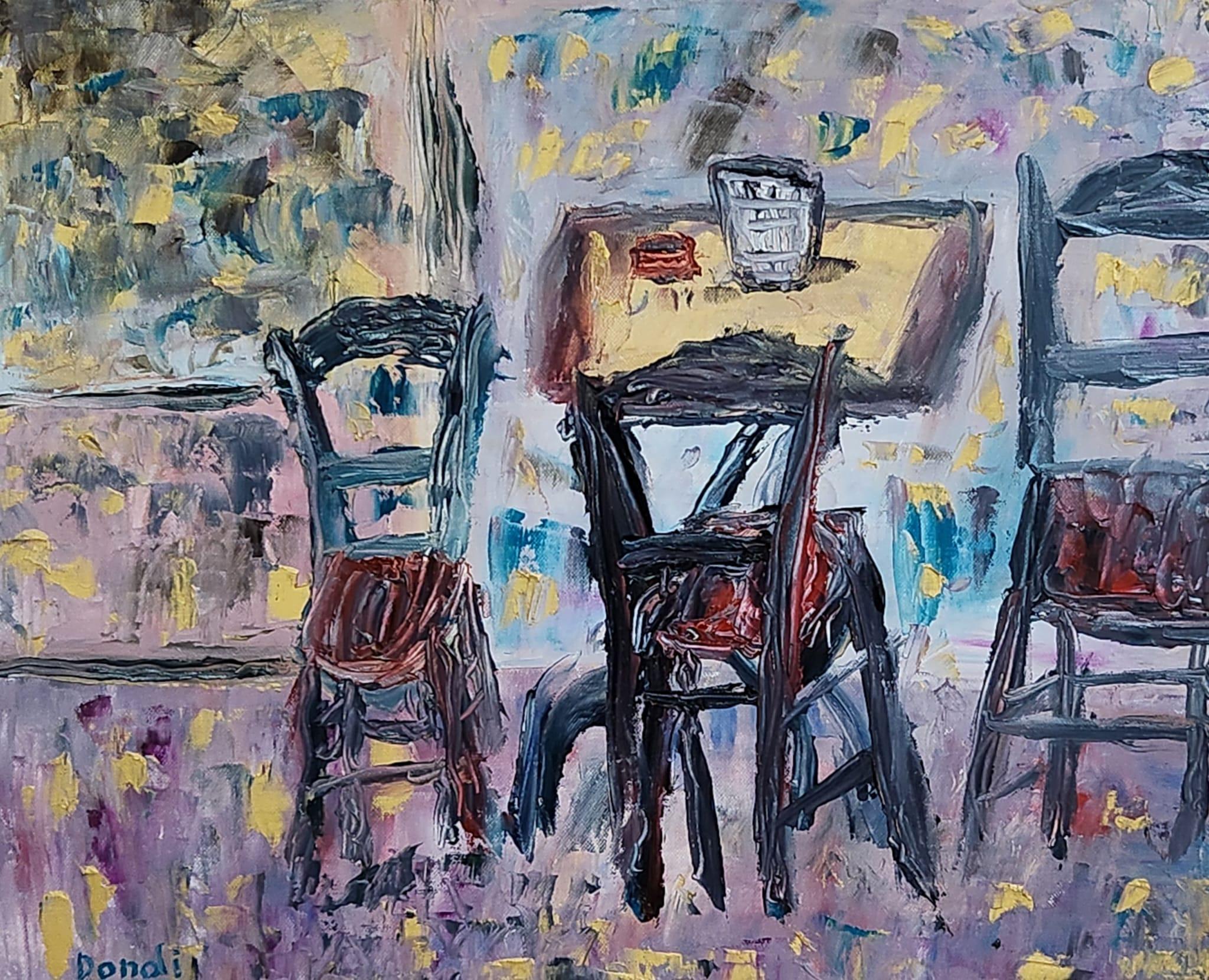 Zeitgenössische israelische Kunst von Dondi Schwartz - Stuhl im Café