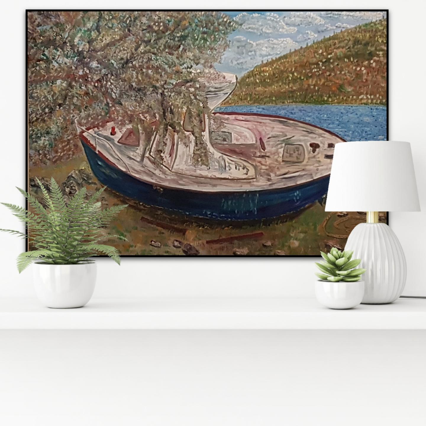 Israeli Contemporary Art by Dondi Schwartz - Deserted Boat Santorini For Sale 1