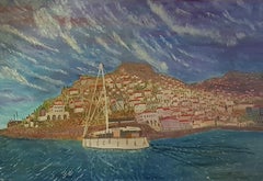 Dondi Schwartz, "Catamaran sailboat, Hydra Island Greece o/c 90x130 cm