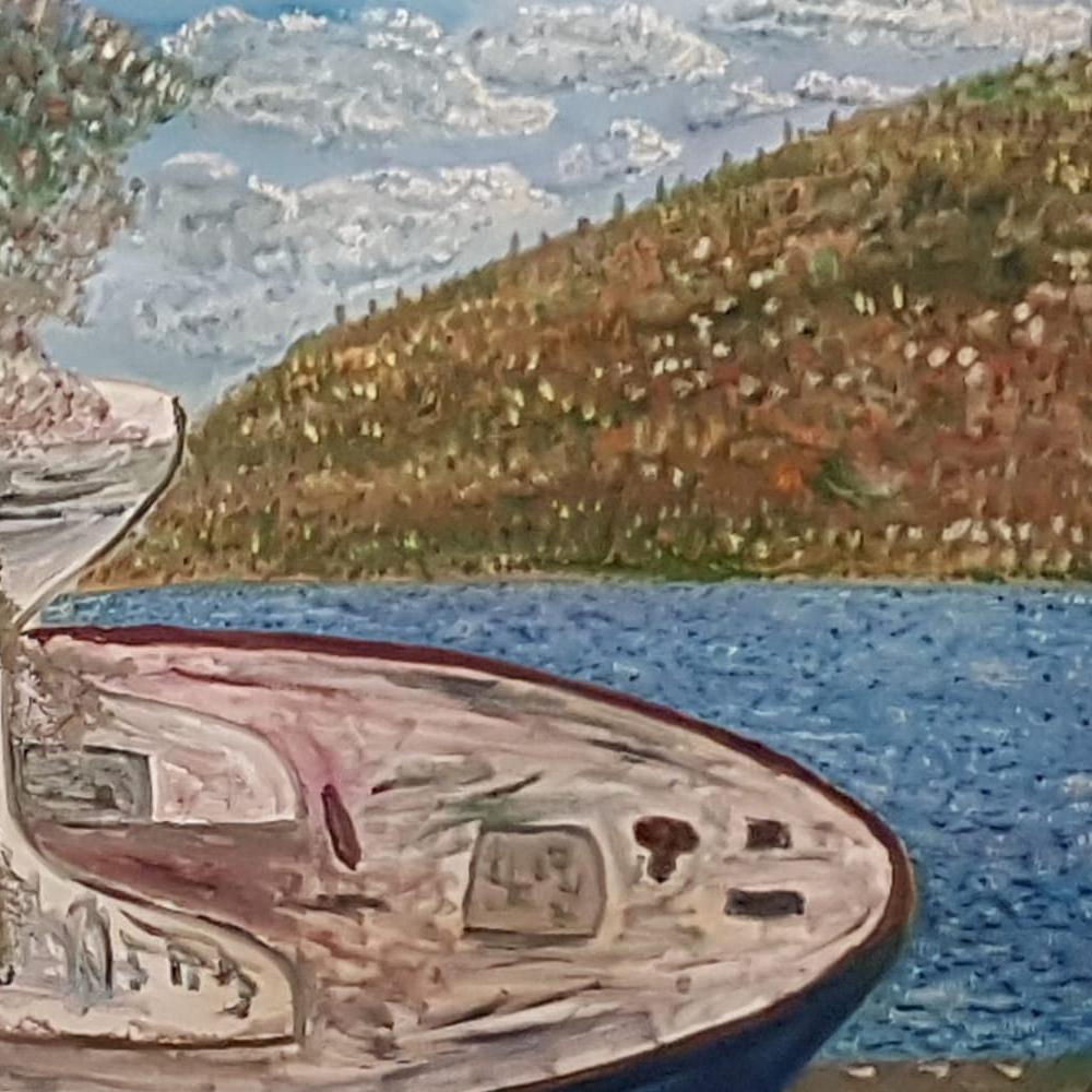 Dondi Schwartz
Deserted boat near Aegina Island, 2021
oil on canvas
90x130 cm

As the viewer approaches this painting, we initially are greeted by the brown tones upon which the painting rests. The deserted boat, perhaps not so deserted, has brought