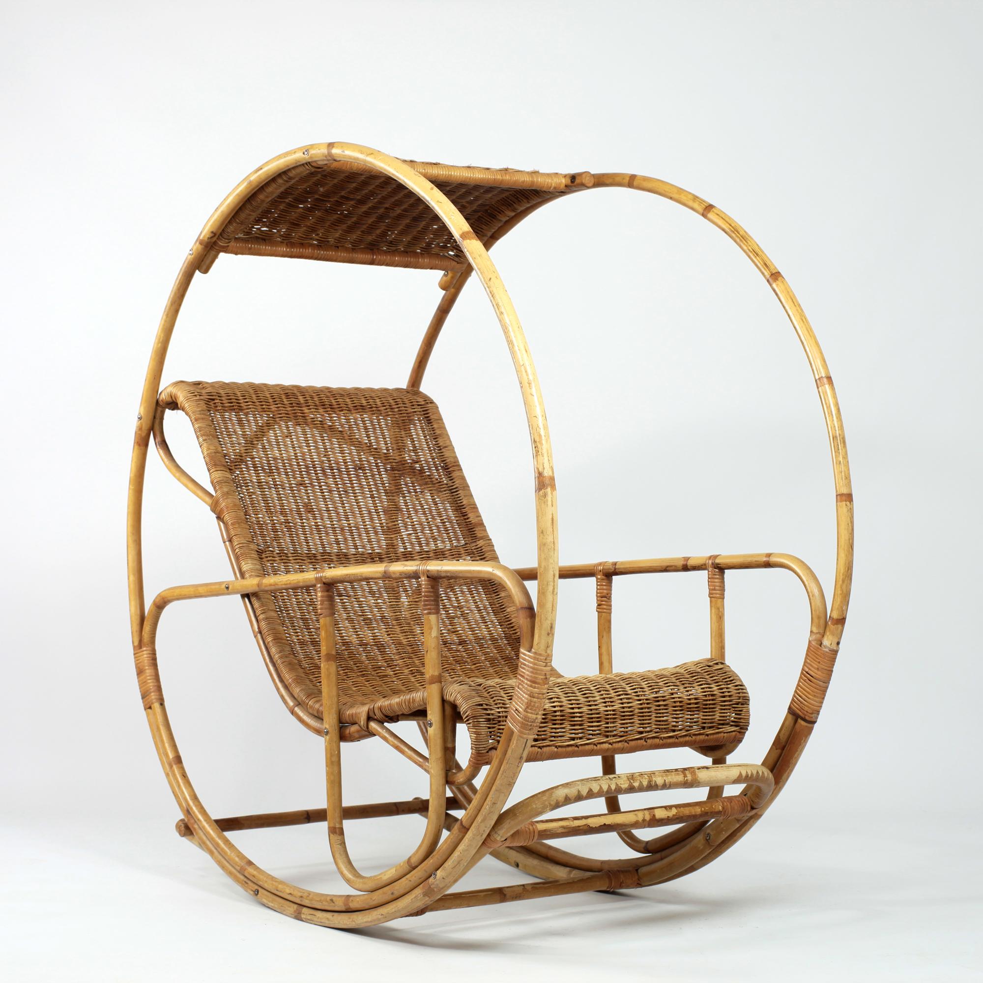 Mid-Century Modern Dondolo Rattan Rocking Chair by Franco Bettonica Italy 1960's