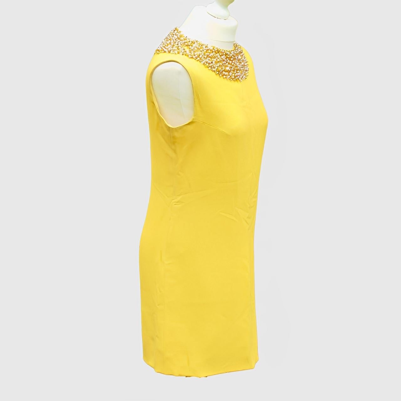 Donetti Milano Sleeveless Canary Yellow Lined Dress with Beaded Neckline 1960s In Fair Condition For Sale In London, GB