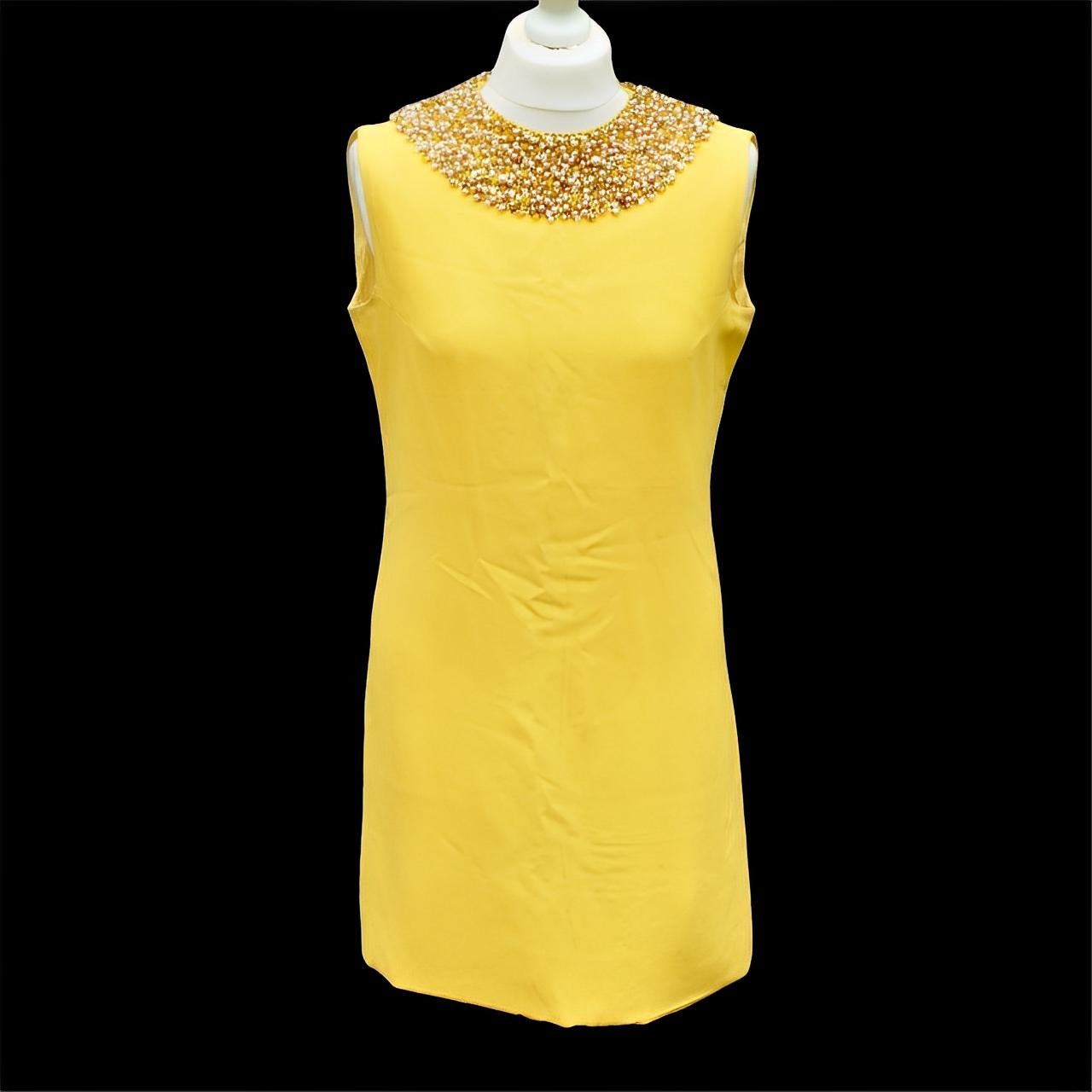 Donetti Milano Sleeveless Canary Yellow Lined Dress with Beaded Neckline 1960s For Sale 3