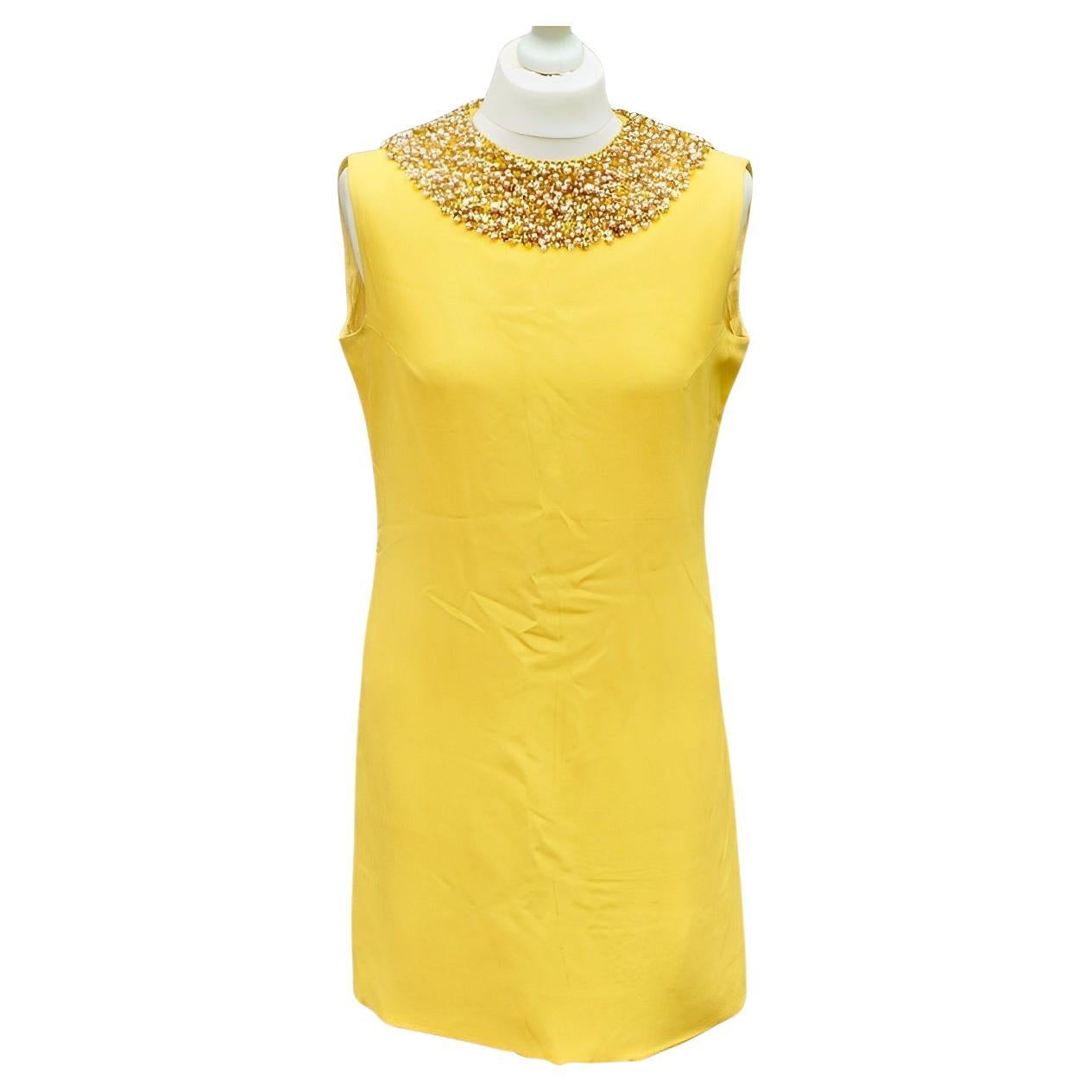 Donetti Milano Sleeveless Canary Yellow Lined Dress with Beaded Neckline 1960s For Sale