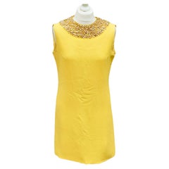 Donetti Milano Sleeveless Canary Yellow Lined Dress with Beaded Neckline 1960s