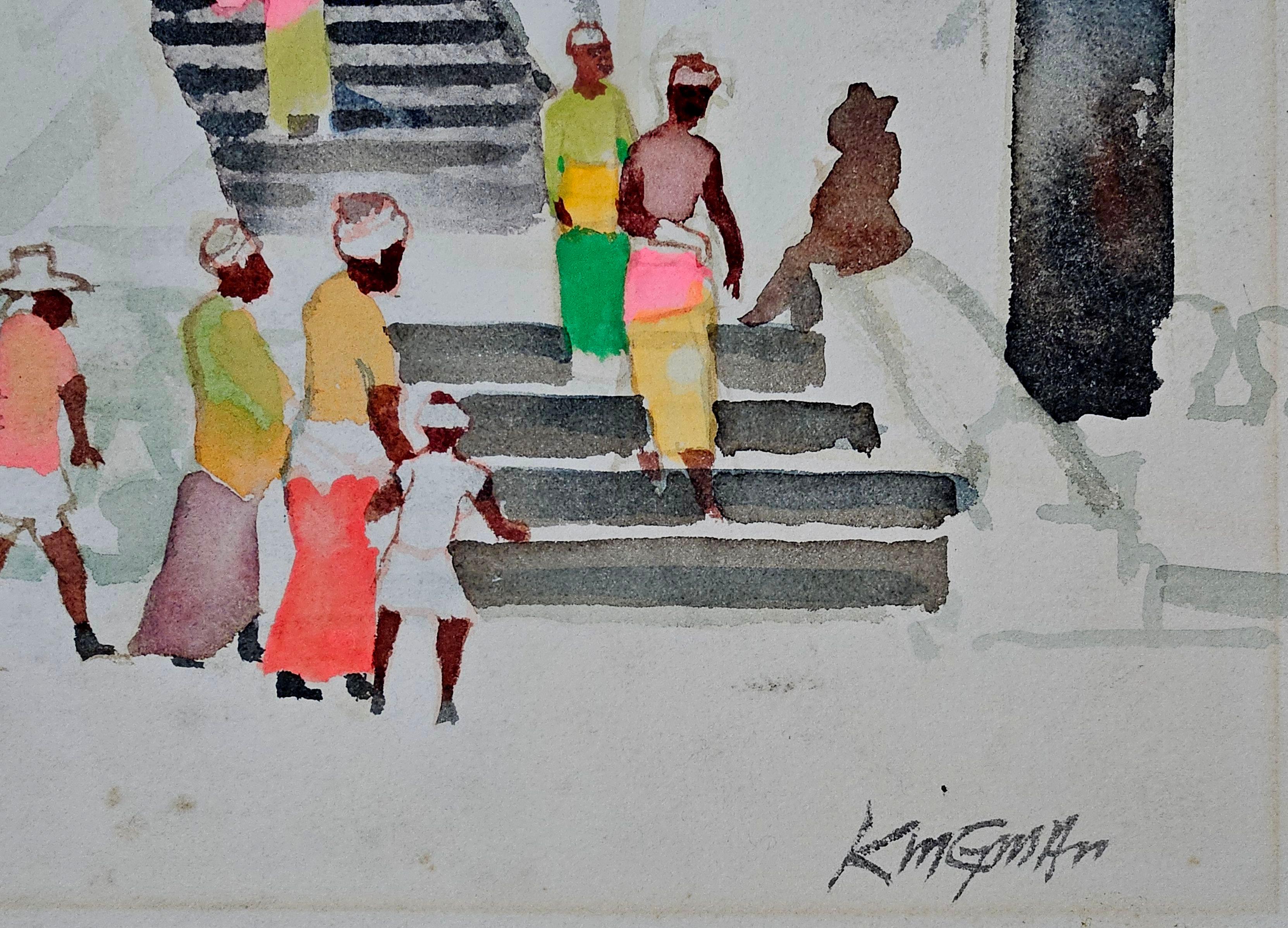 Fin du 20e siècle Grande peinture originale de Dong Kingman « Besakih Temple, Bali » signée en vente