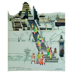 Dong Kingman (1911-2000) Large Original Watercolor Painting " Tai Temple" Signed