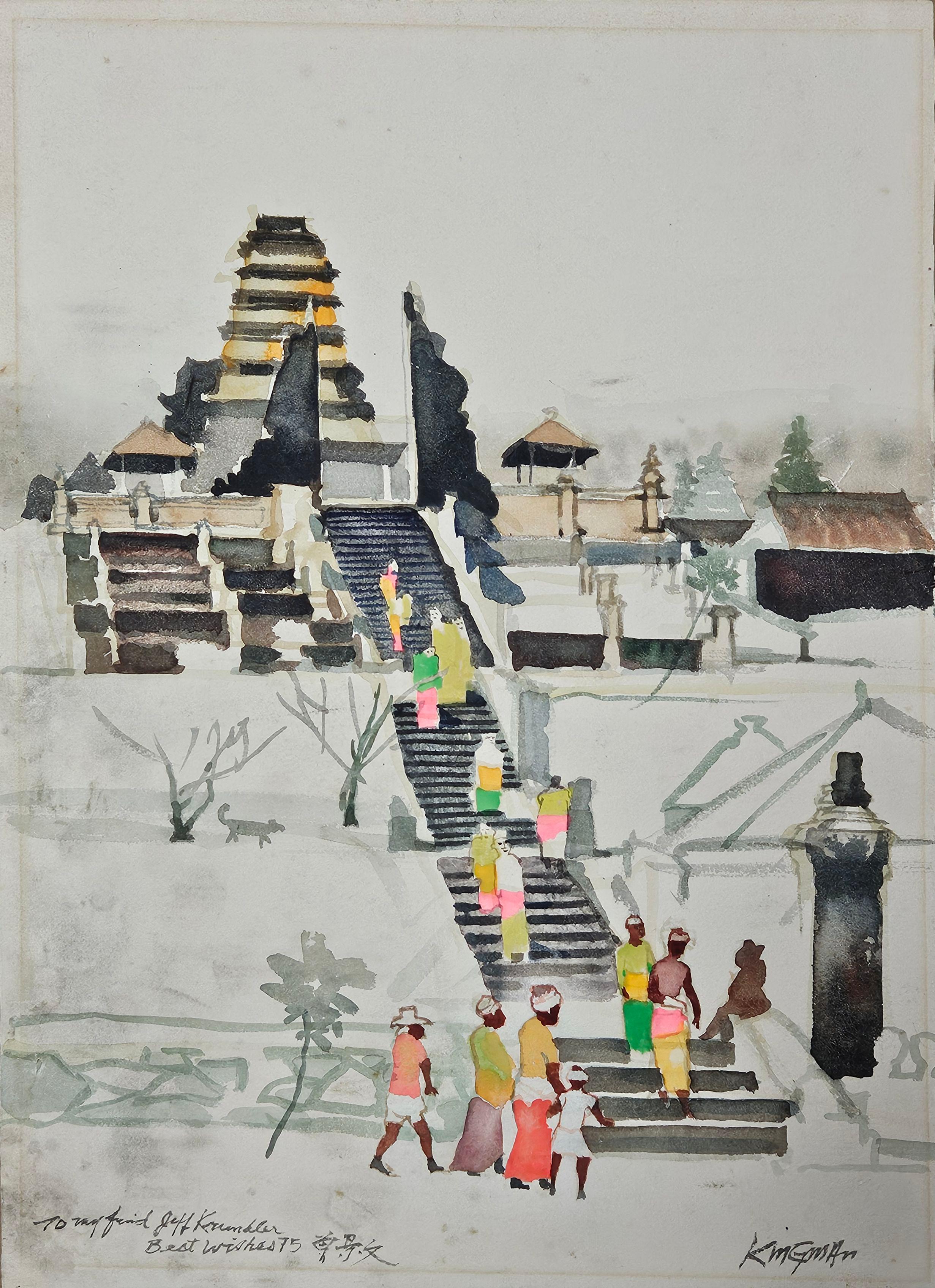 Grande peinture originale de Dong Kingman « Besakih Temple, Bali » signée en vente