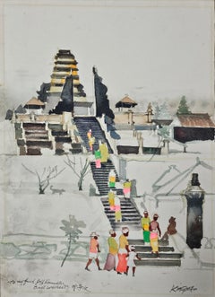 Grande peinture originale de Dong Kingman « Besakih Temple, Bali » signée
