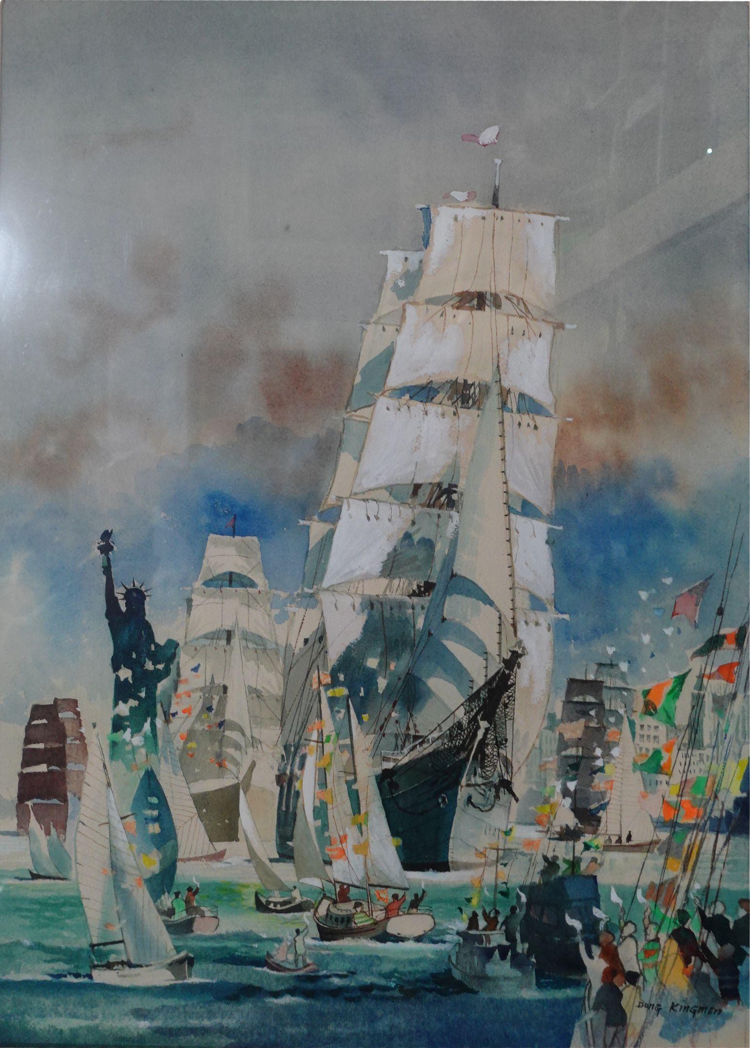 DONG MOY CHU KINGMAN (American 1911 – 2000) Chinese-American, 20th Century, Watercolor on paper “New York City Harbor Celebration Statue of Liberty Flotilla— “Operation Sail” 1976.” Signed lower right: “Dong Kingman” H. 28” x W. 21”. Framed under