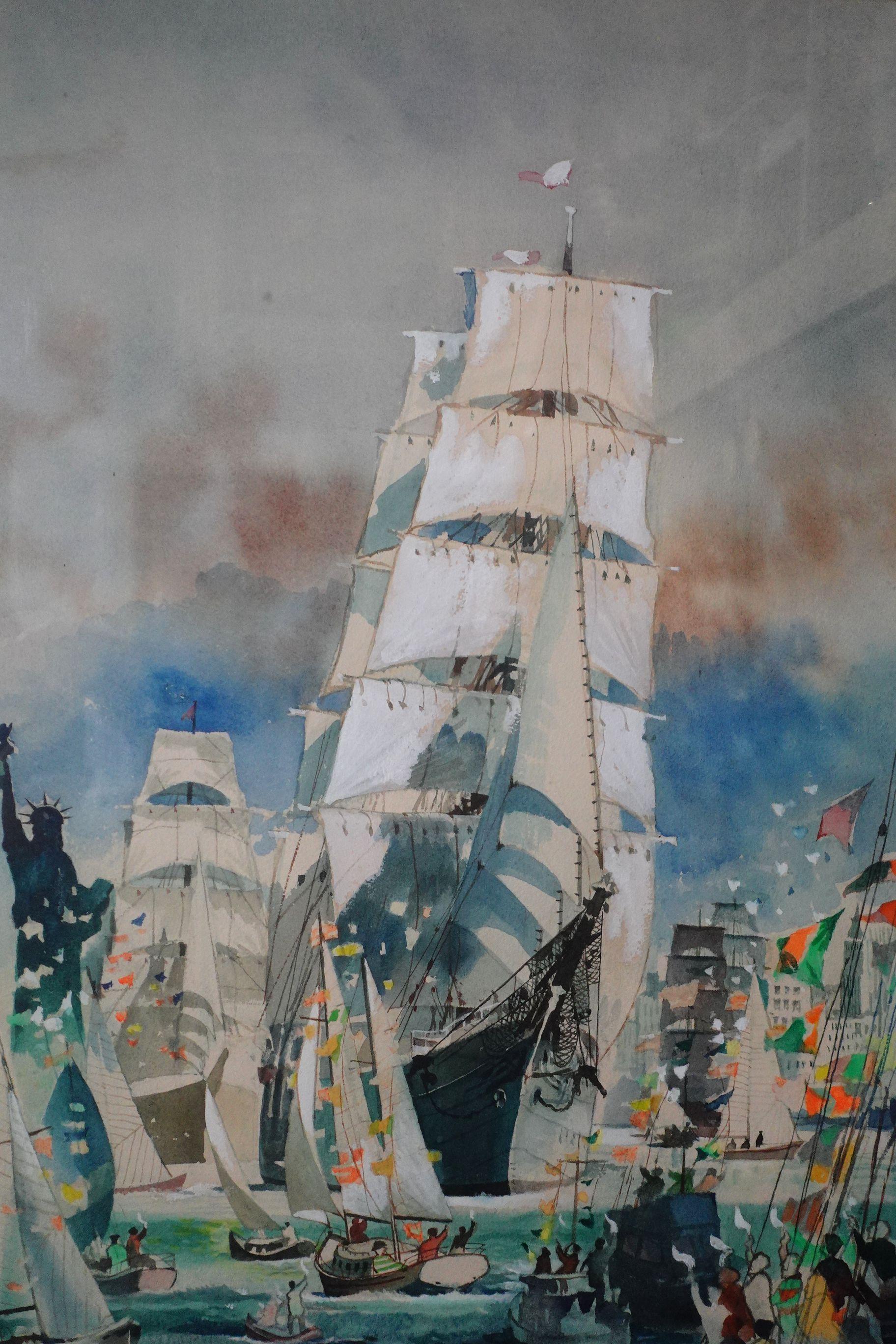 Colonial américain Grande peinture originale de Dong Kingman pour Operation Sail 1976 signée en vente