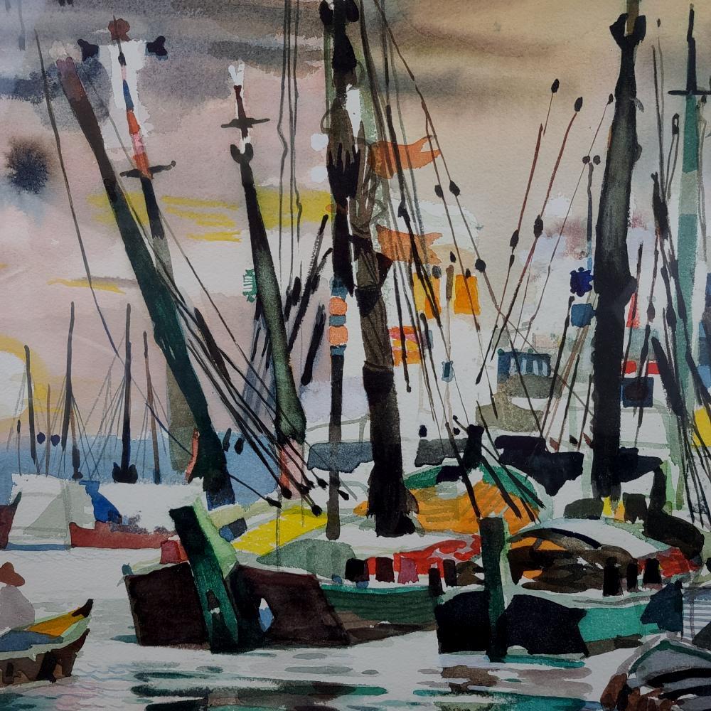 Colonial américain Dong Kingman Grande peinture originale à l'aquarelle « Sunset in Harbor » signée en vente