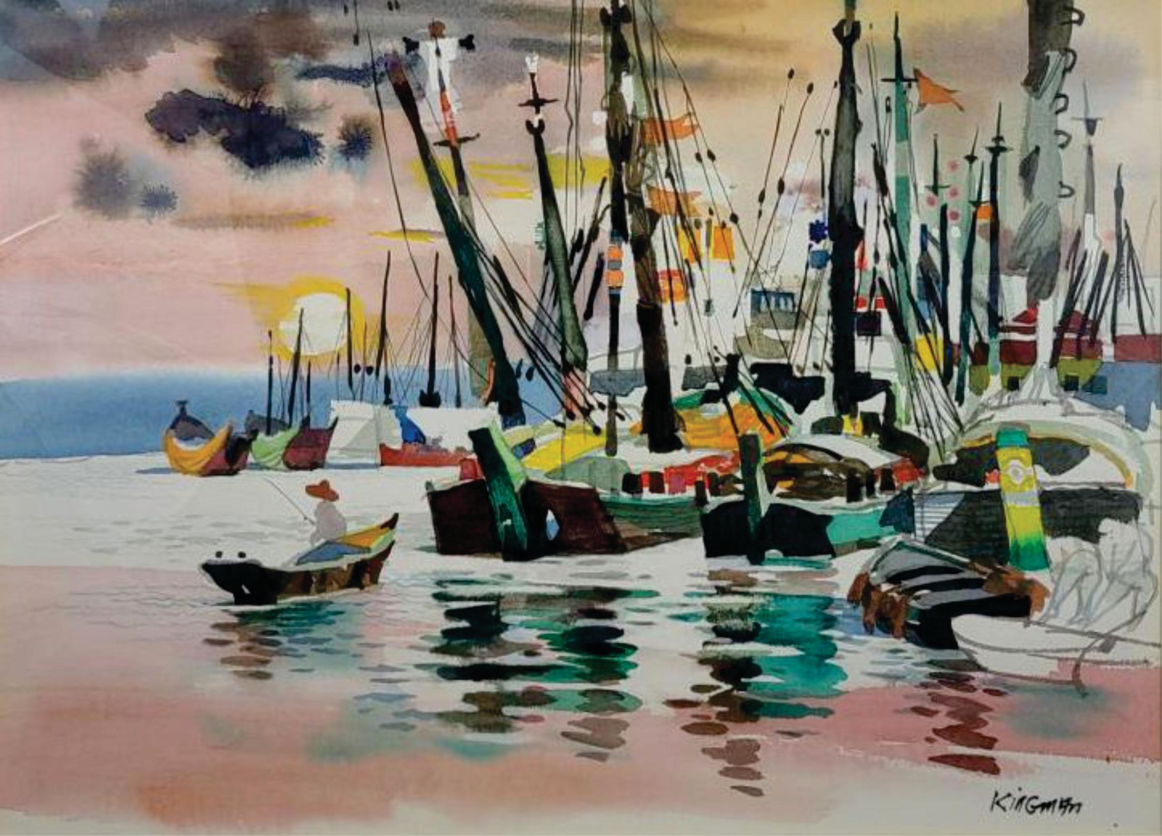 Sunset In Harbor by Dong Moy Chu Kingman (1911-2000) Watercolor Signed. A charming watercolor painting created by Dong Kingman. This is an extraordinary piece of his art style and unique in the entire world. Usually, he doesn't such a large piece.