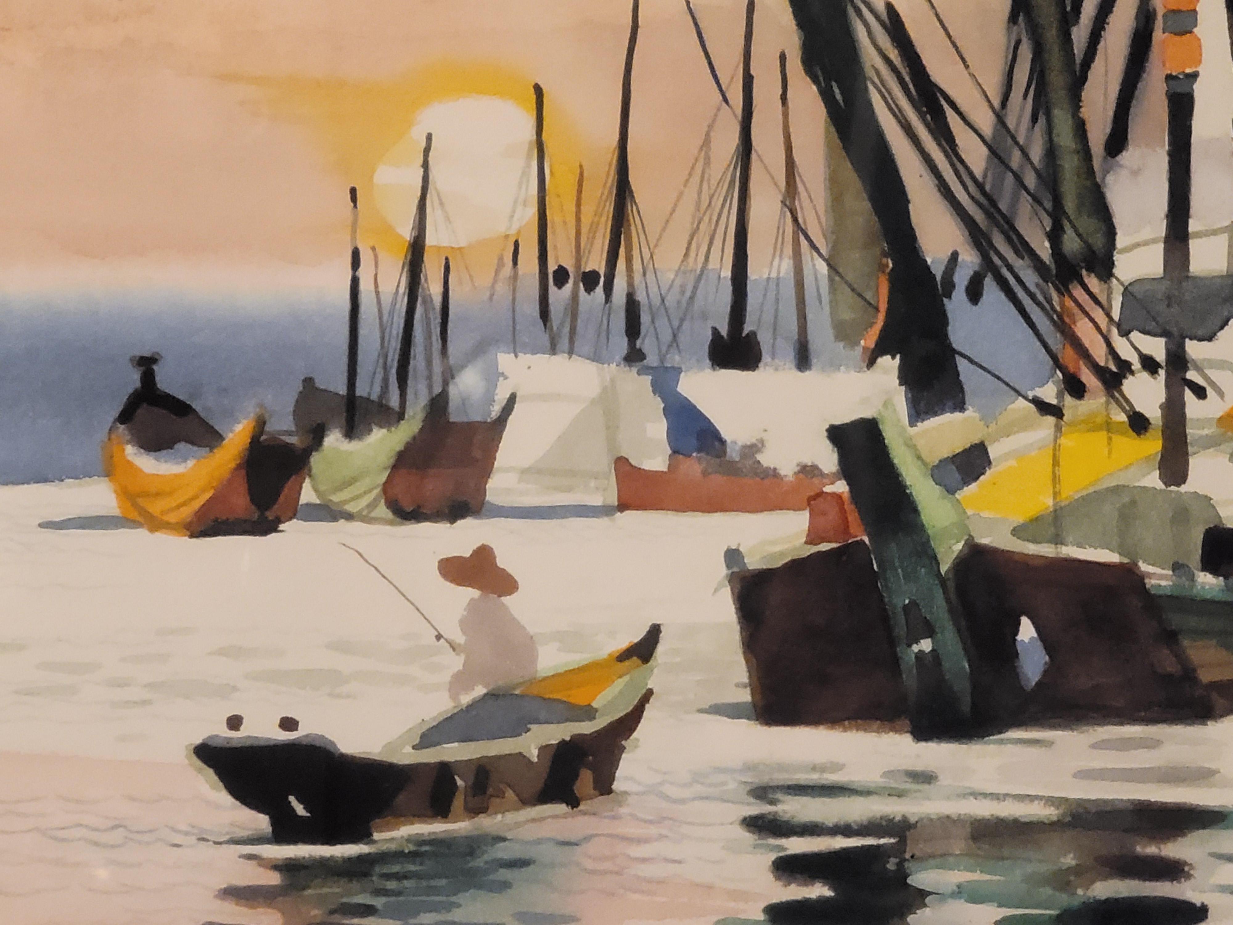 Papier Dong Kingman Grande peinture originale à l'aquarelle « Sunset in Harbor » signée en vente