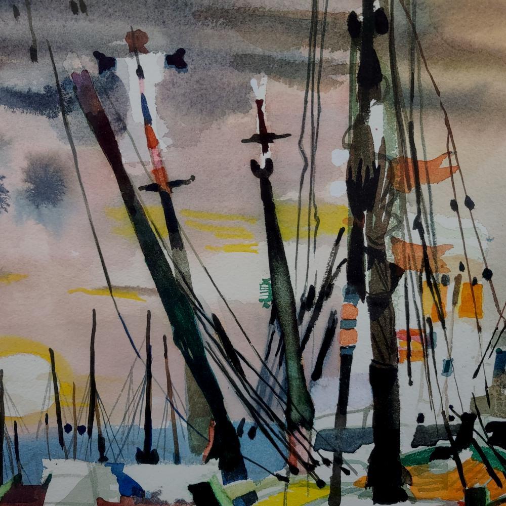 20ième siècle Dong Kingman Grande peinture originale à l'aquarelle « Sunset in Harbor » signée en vente