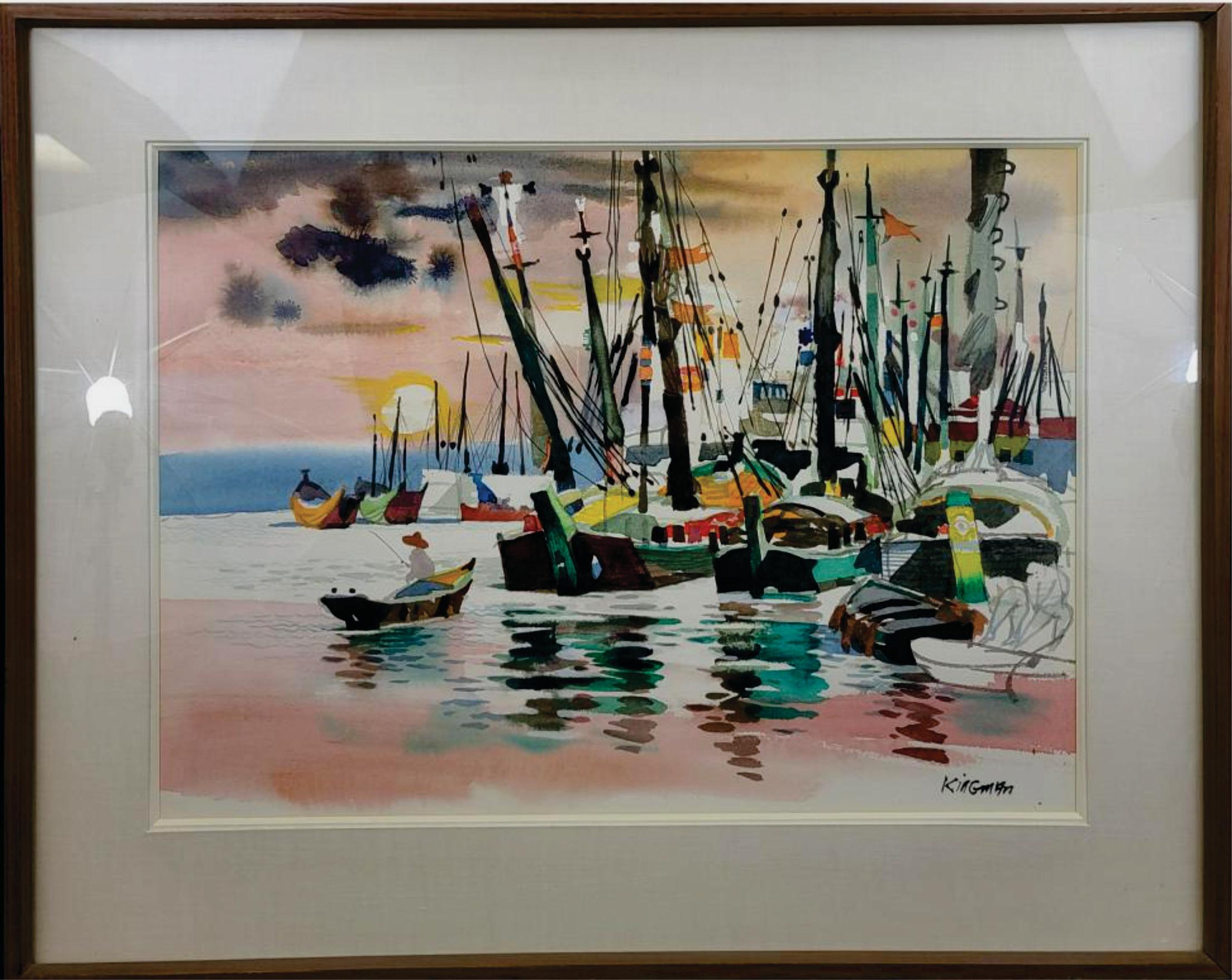 Dong Kingman Large Original Watercolor Painting "Sunset in Harbor" Signed For Sale