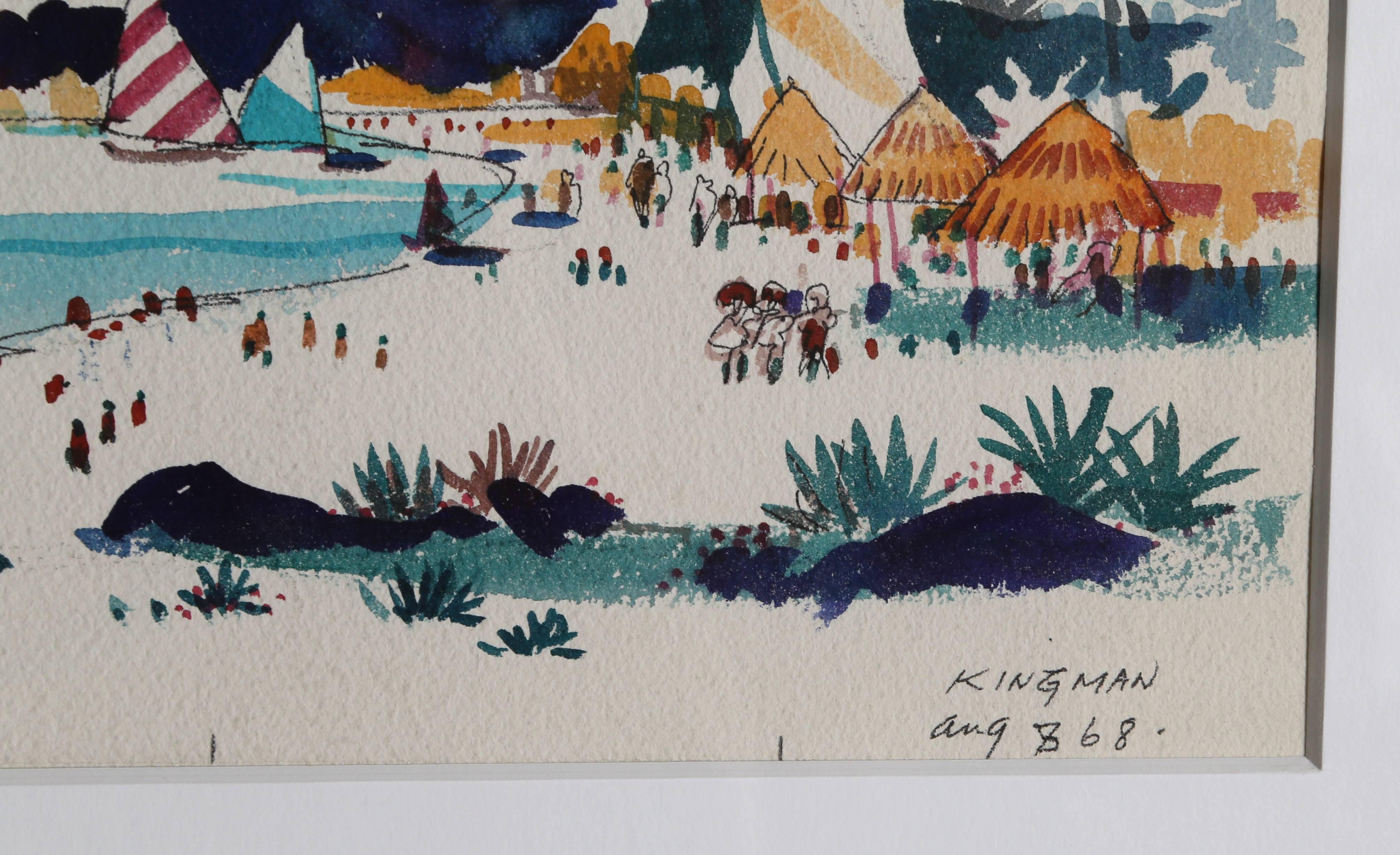 Artist:	Dong Moy Chu Kingman, Chinese/American (1911 - 2000)
Title:	Acapulco Beach Scene I
Year:	1968
Medium:	Watercolor, signed and dated l.r.
Size:	10.5 x 18 on 13.5 x 20.5 inches
Frame: 17 x 26 inches