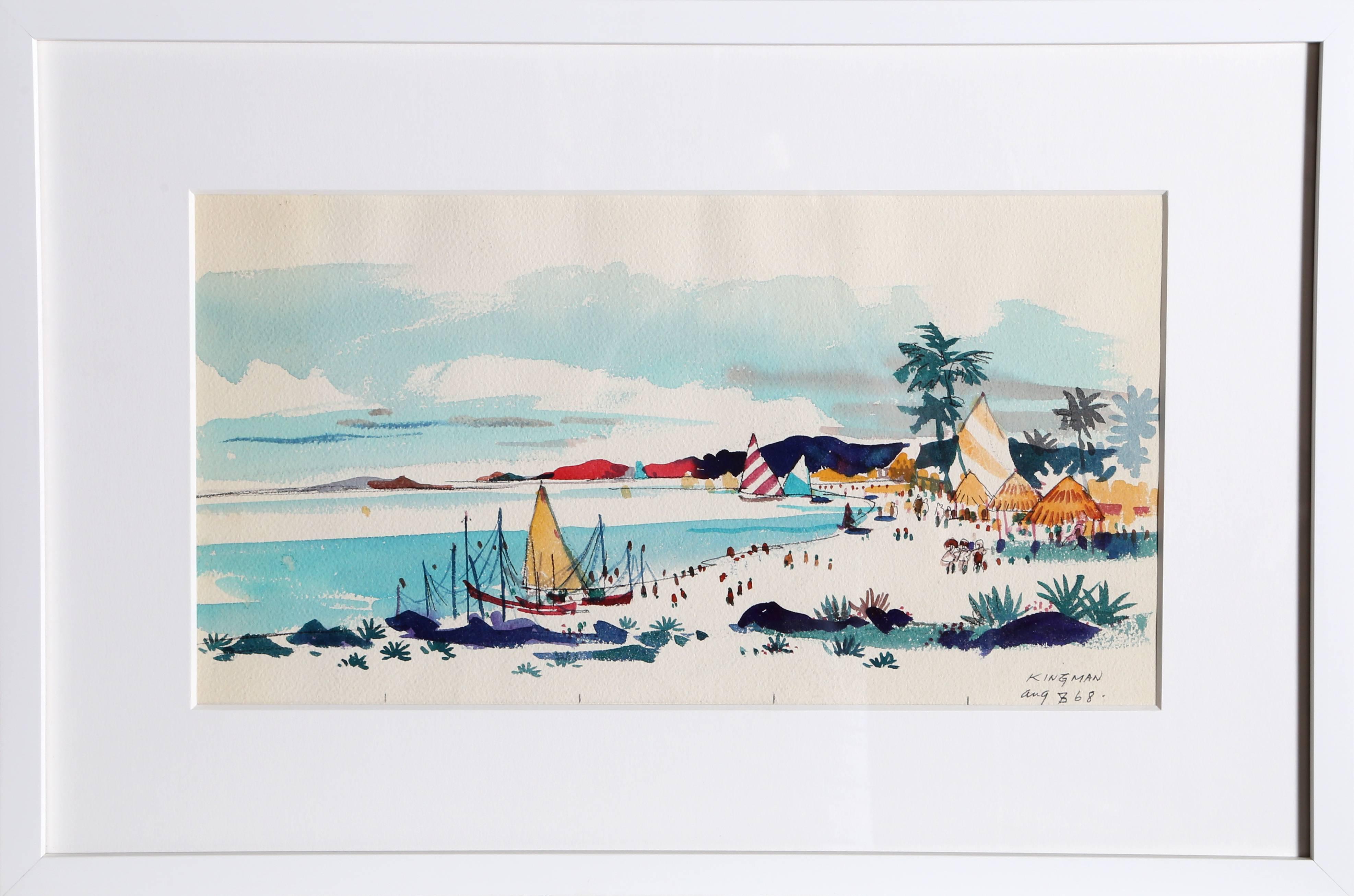 Künstler:	Dong Moy Chu Kingman, Chinesin/Amerikanerin (1911 - 2000)
Titel:	Acapulco-Strand-Szene I
Jahr:	1968
Medium:	Aquarell, signiert und datiert v.l.n.r.
Größe:	10,5 x 18 auf 13,5 x 20,5 Zoll
Rahmen: 17 x 26 Zoll
