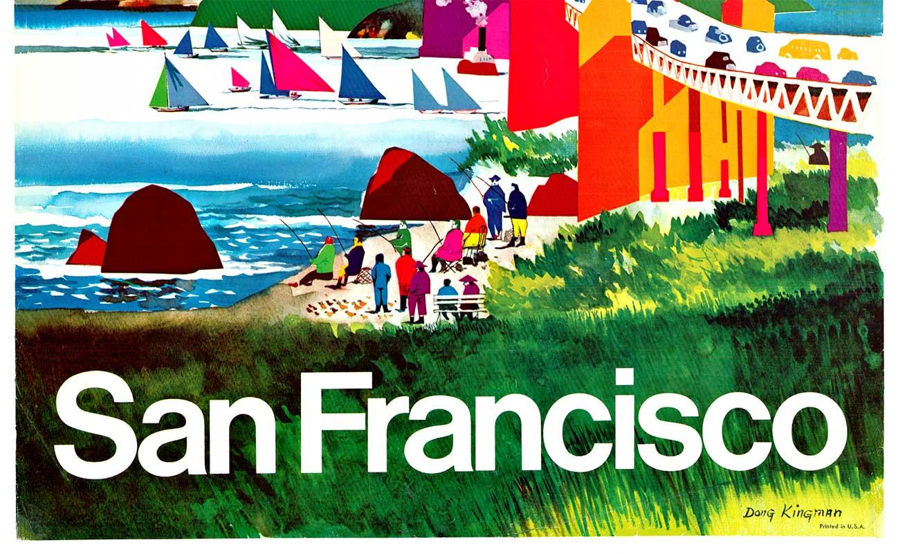 Cartel de viaje vintage original de American Airlines San Francisco  Puerta de Oro - Print impresionista estadounidense de Dong Kingman