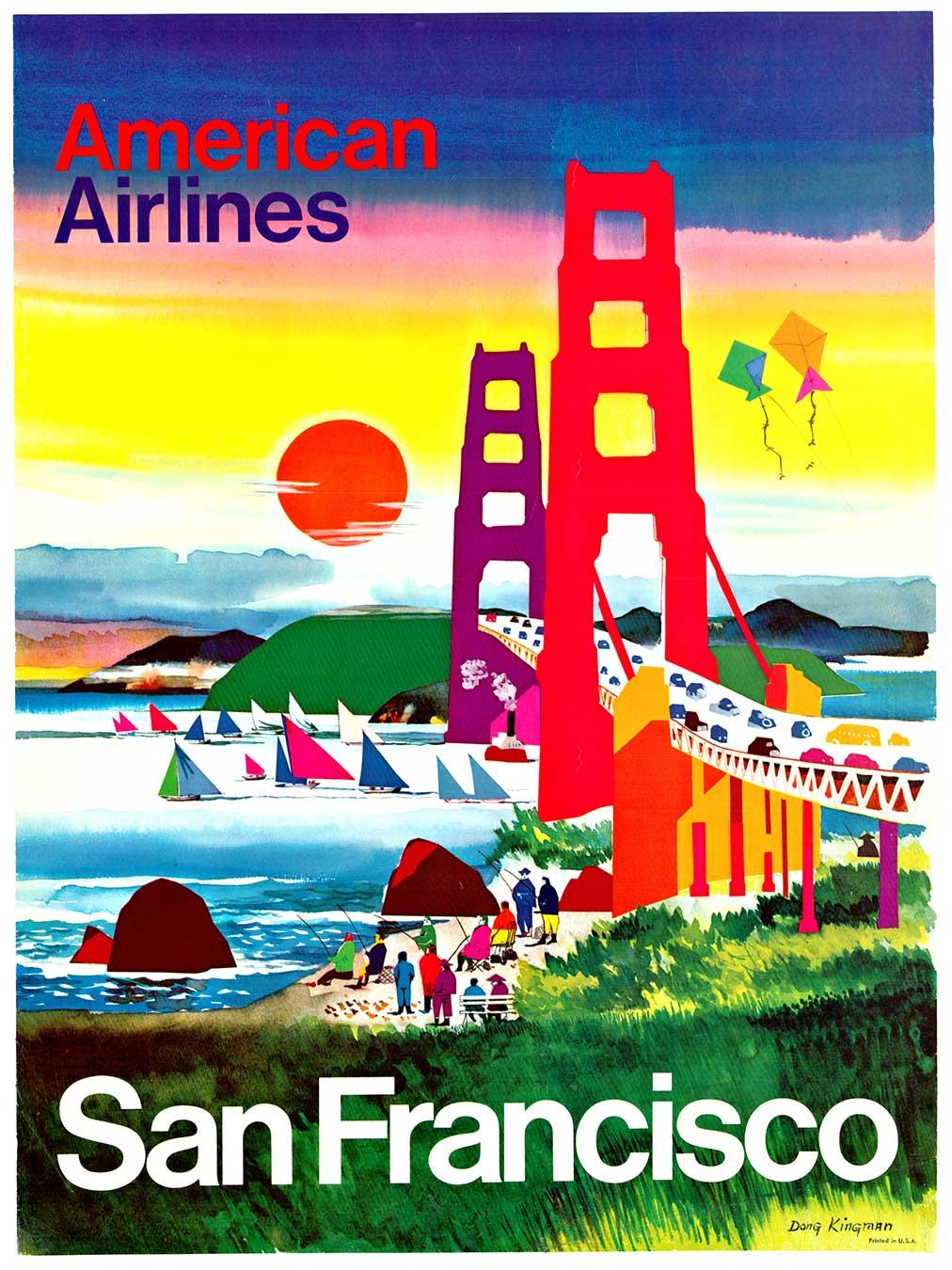 Poster di viaggio vintage originale dell'American Airlines San Francisco  Golden Gate
