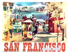 Poster di viaggio vintage originale dell'American Airlines di San Francisco, con supporto in lino