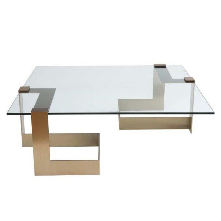 Donghia Anchor Medium Cocktail Table Gold Base with Clear Top For Sale