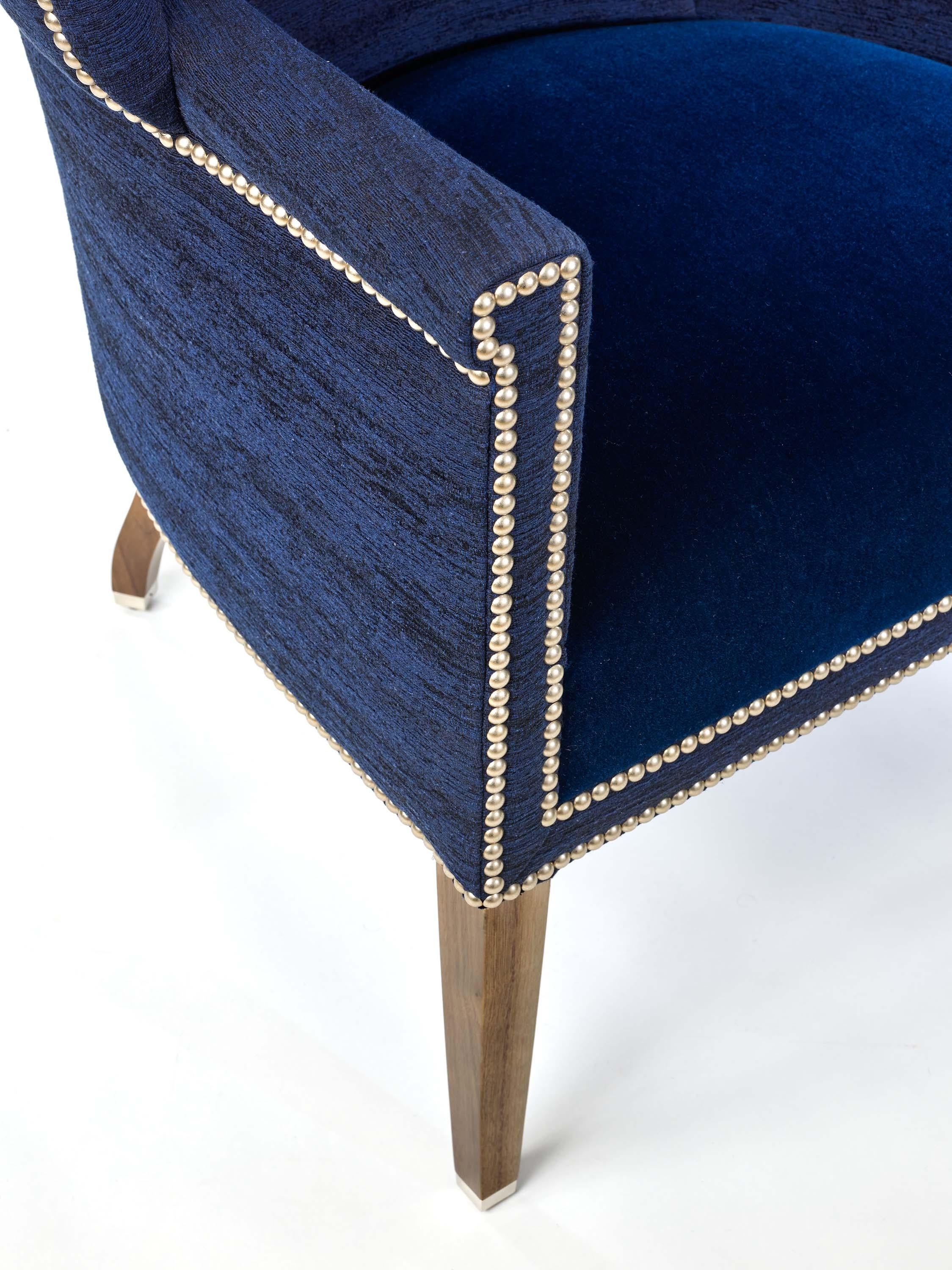 Nickel Donghia Angelo's Wing Chair in Dark Blue Concierge Cotton and Wool Upholstery For Sale