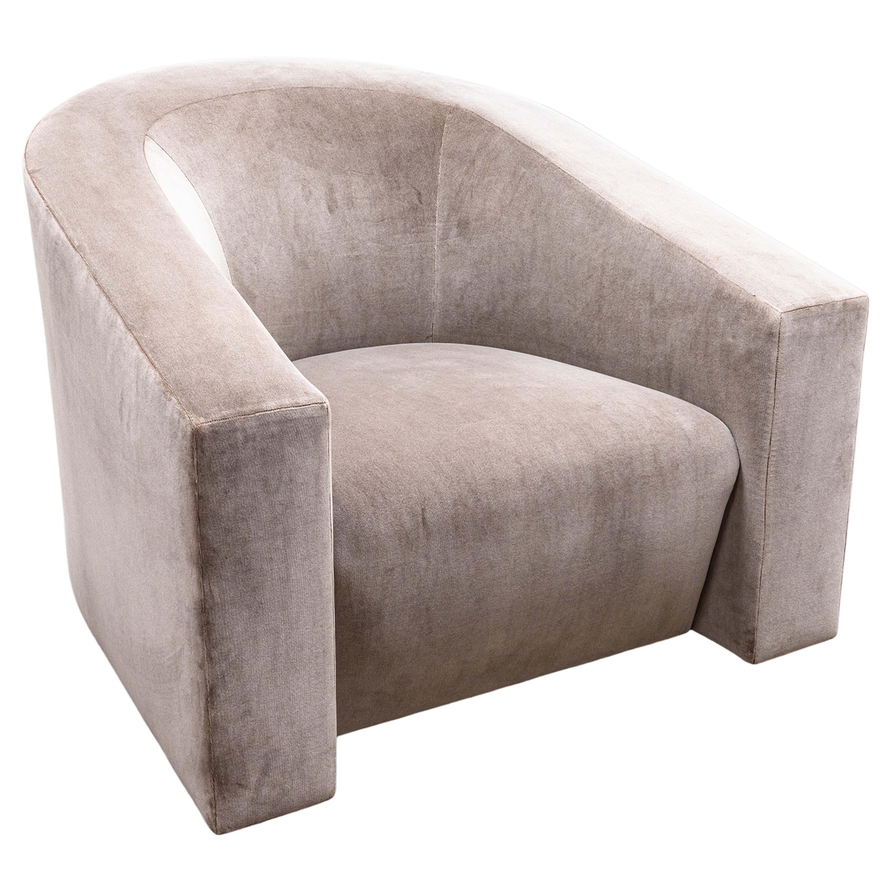 Donghia Barrel Backed Volume Swiveling Tub Chair in Grey Pink Velvet Mohair