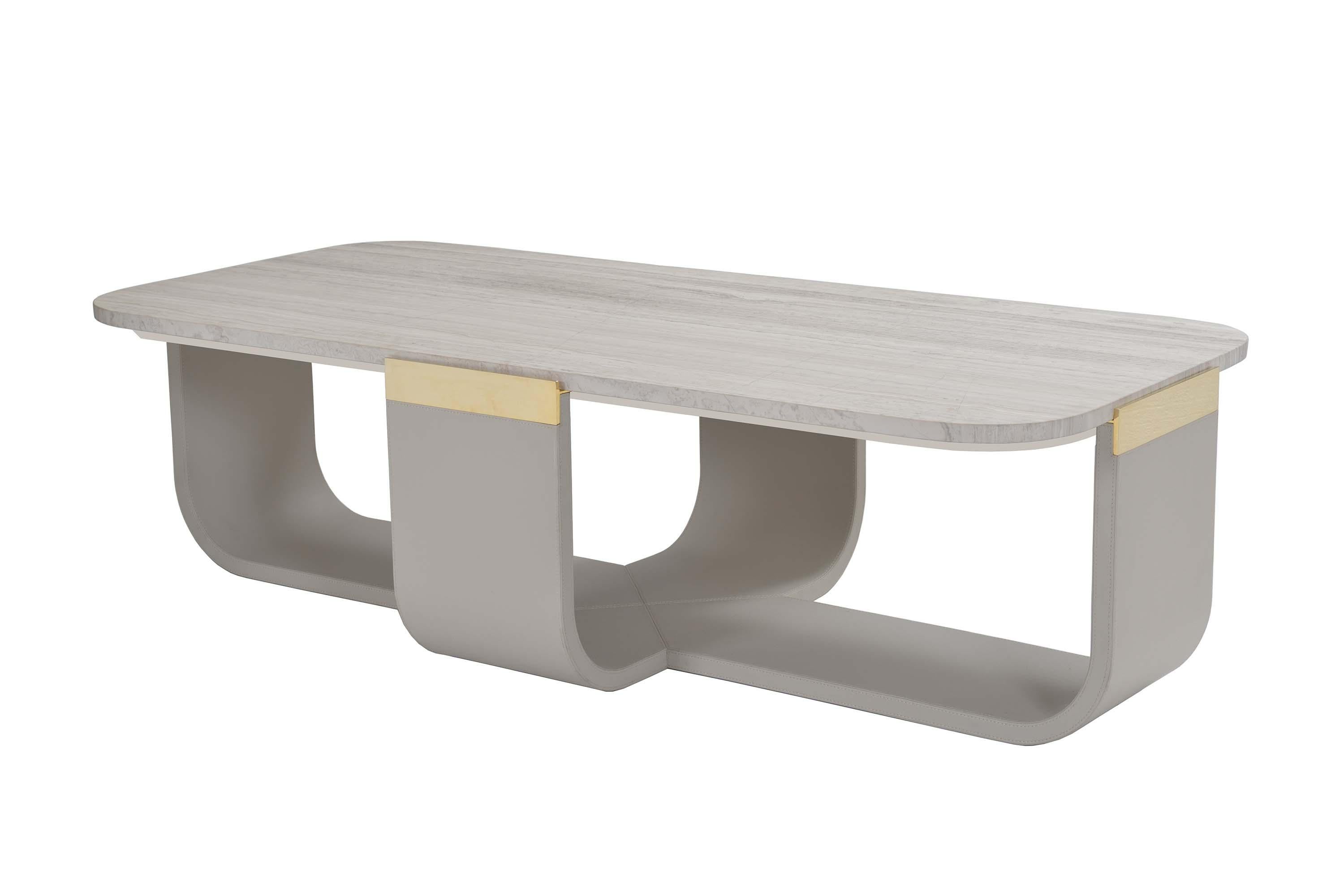 Modern Donghia Bezel Cocktail Table, Gray Leather Base and Stone Top For Sale