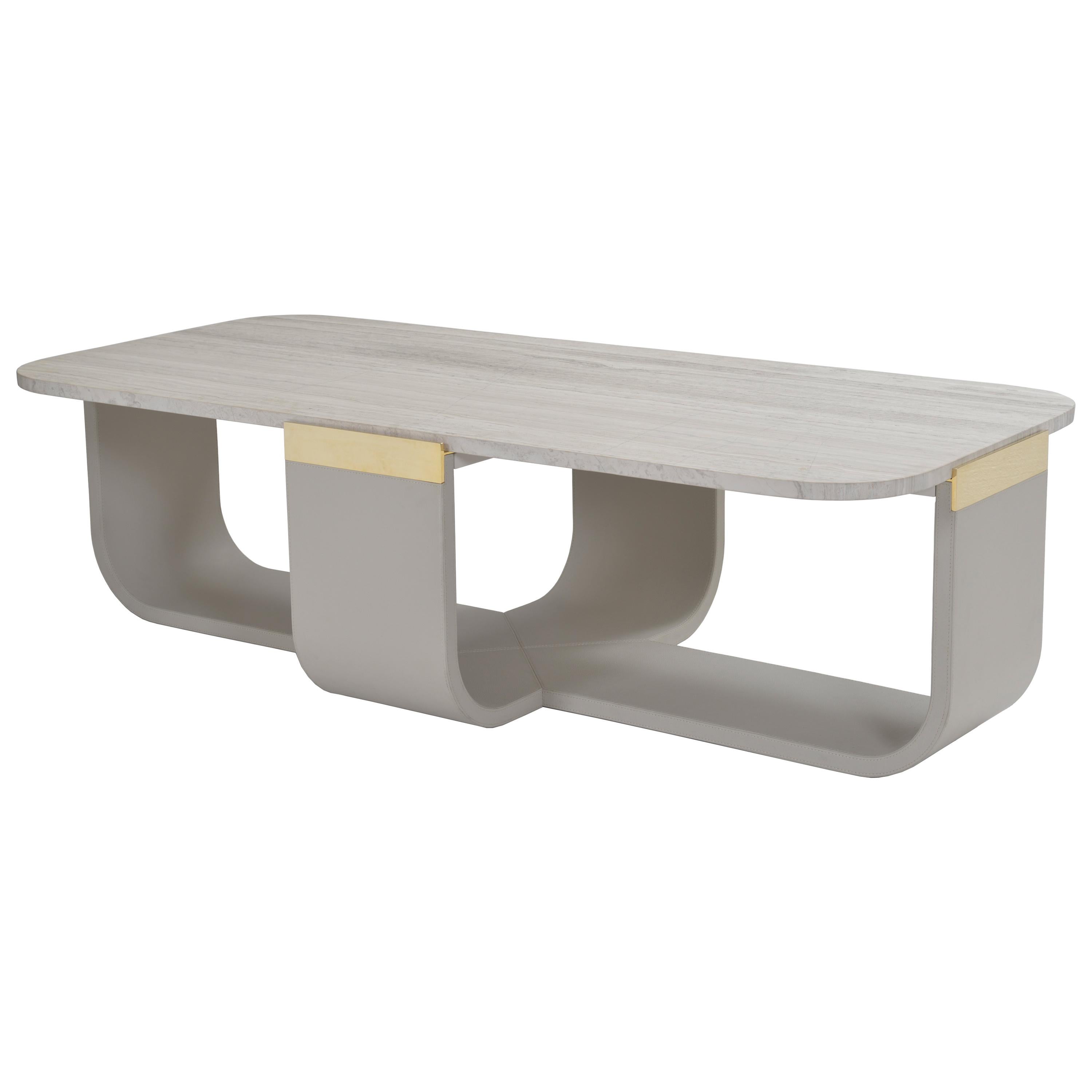 Donghia Bezel Cocktail Table, Gray Leather Base and Stone Top For Sale