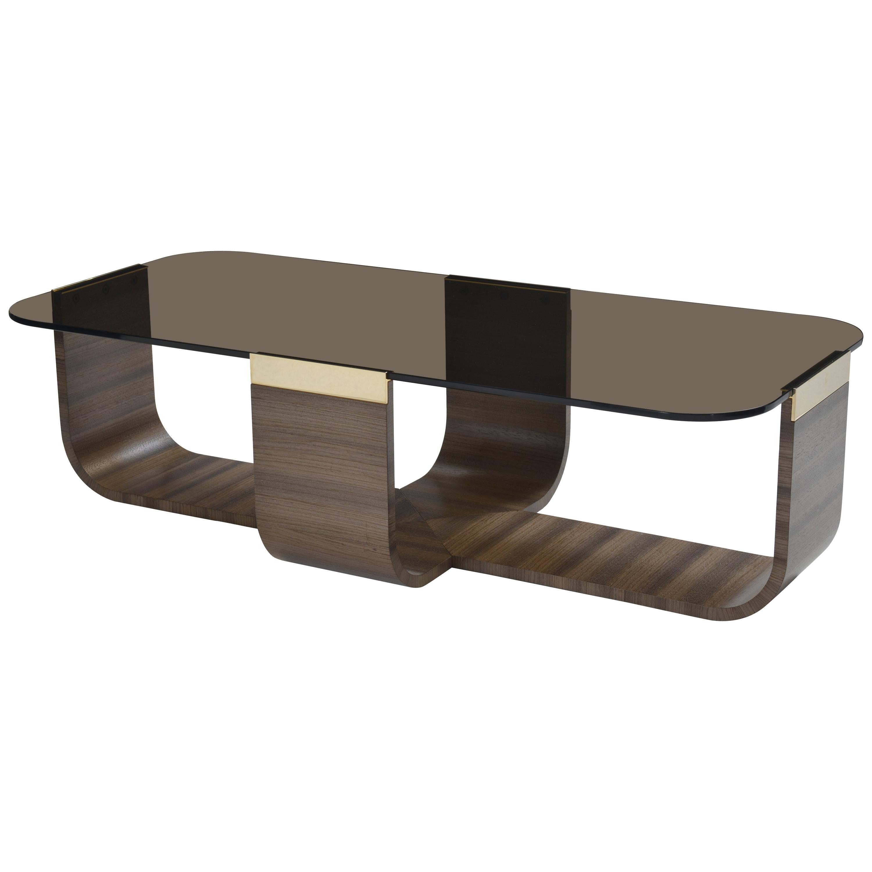Donghia Bezel Cocktail Table with Wood Base and Glass Top in Smoke For Sale