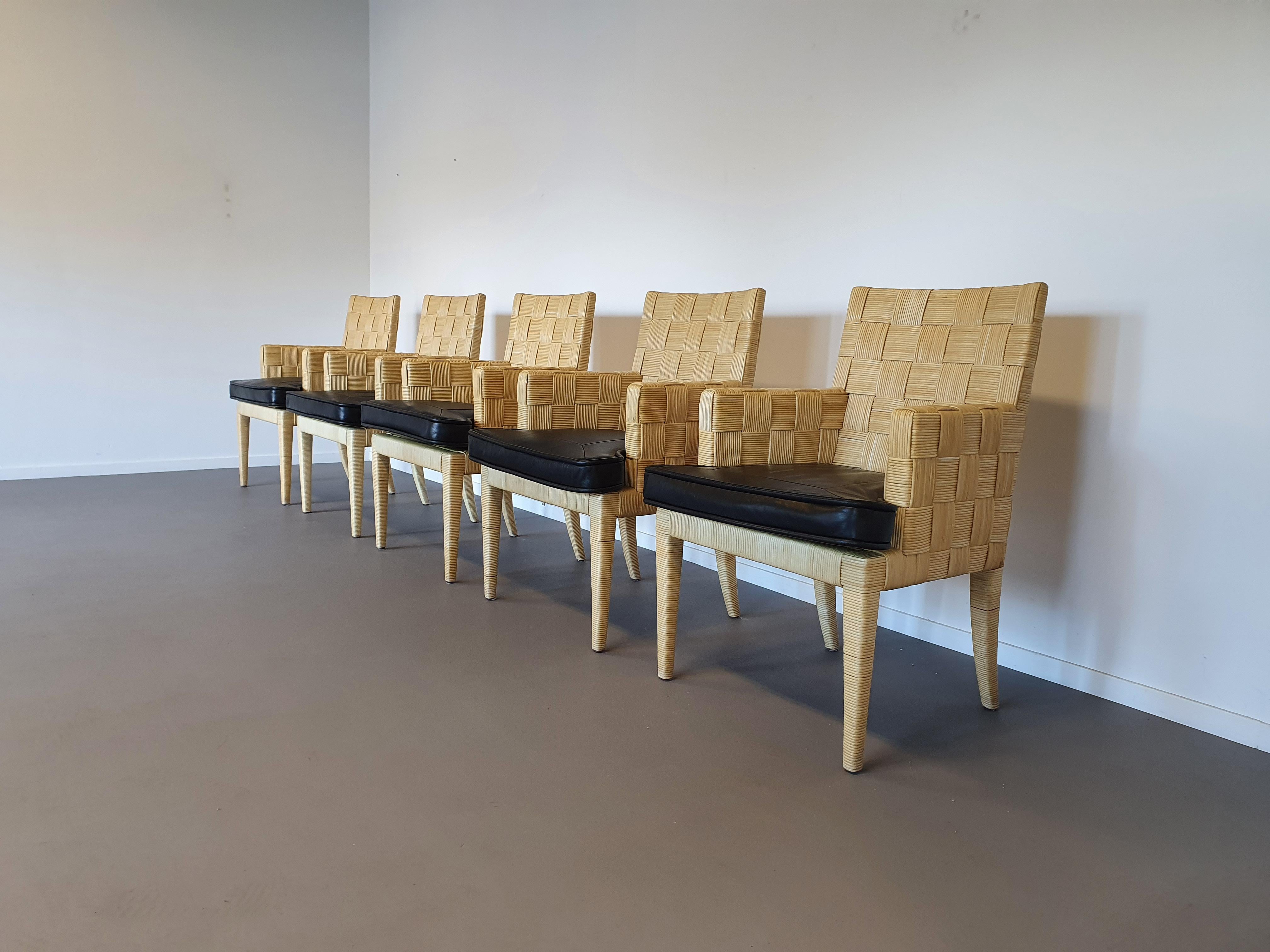 Donghia Block Island chairs 1990s with leather seats. 5 x armrests, 2 x without by John Hutton. The original Leather cushions has been painted over professionaly
