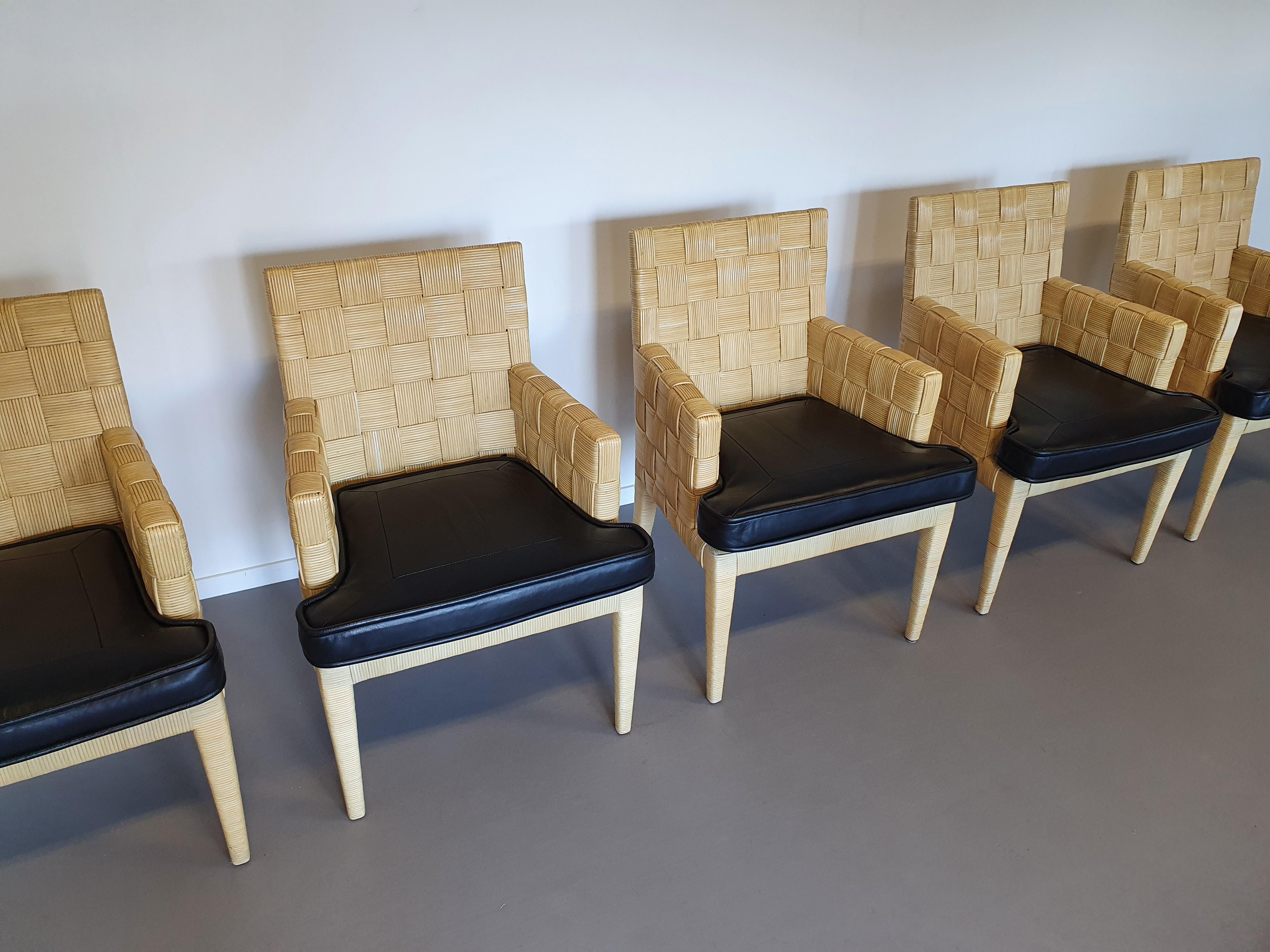 North American Donghia Block Island chairs 1990s with leather seats. 5 x armrests, 2 x without For Sale