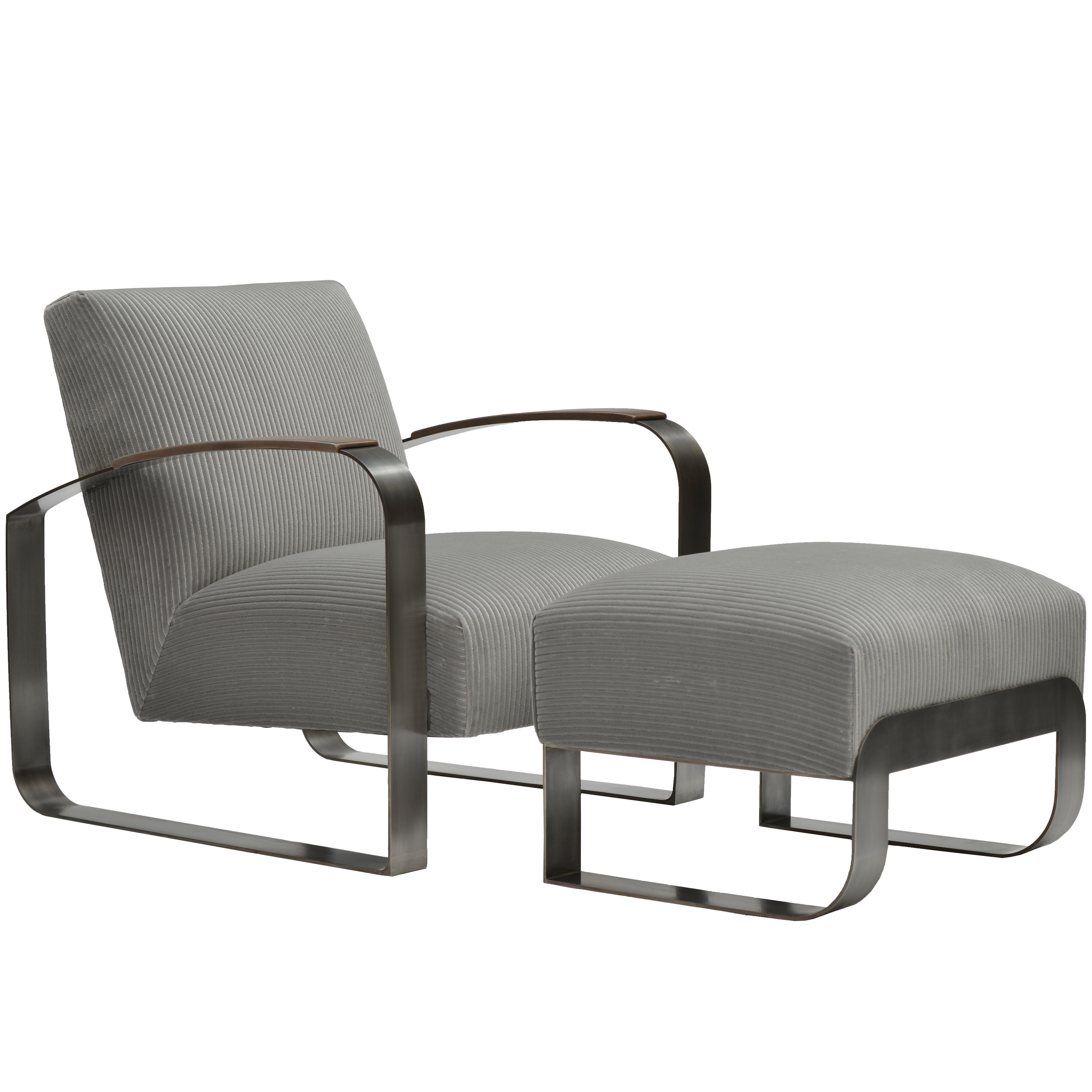 Donghia Dee Lounge Chair with Ottoman in Light Gray Patterned Velvet For Sale