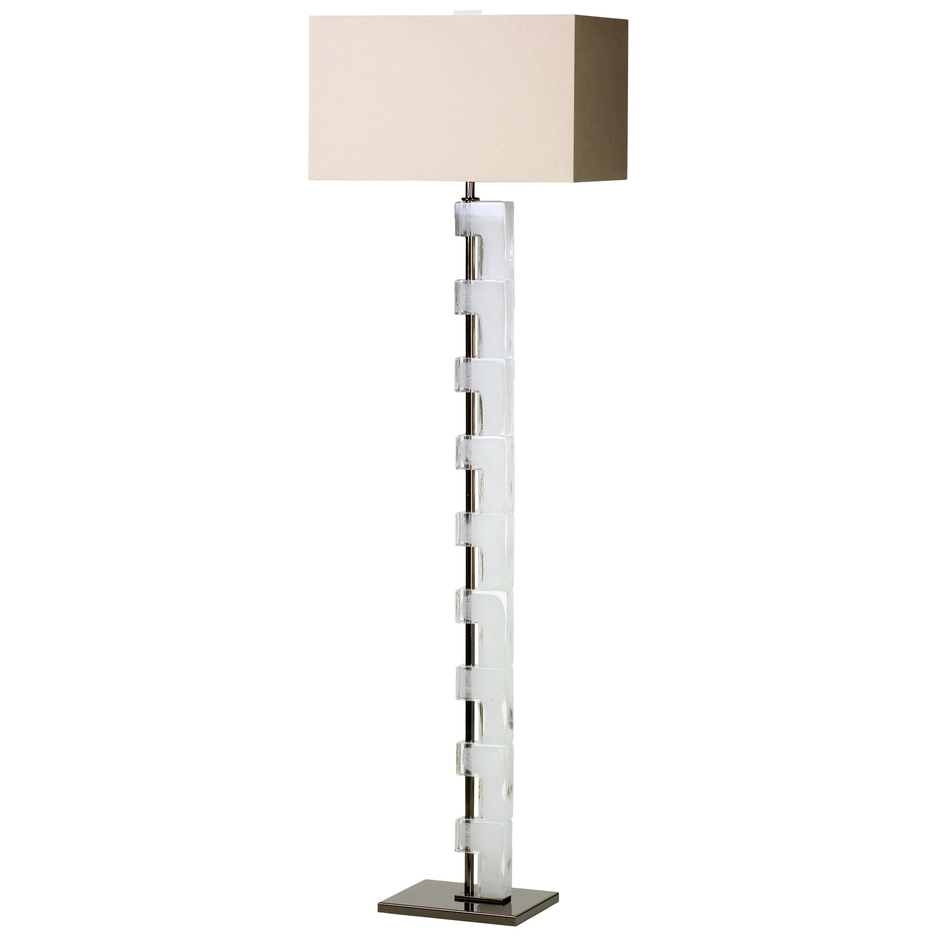 Donghia Esha Floor Lamp and Shade, Murano Glass in Ice with Smoked Nickel Frame For Sale