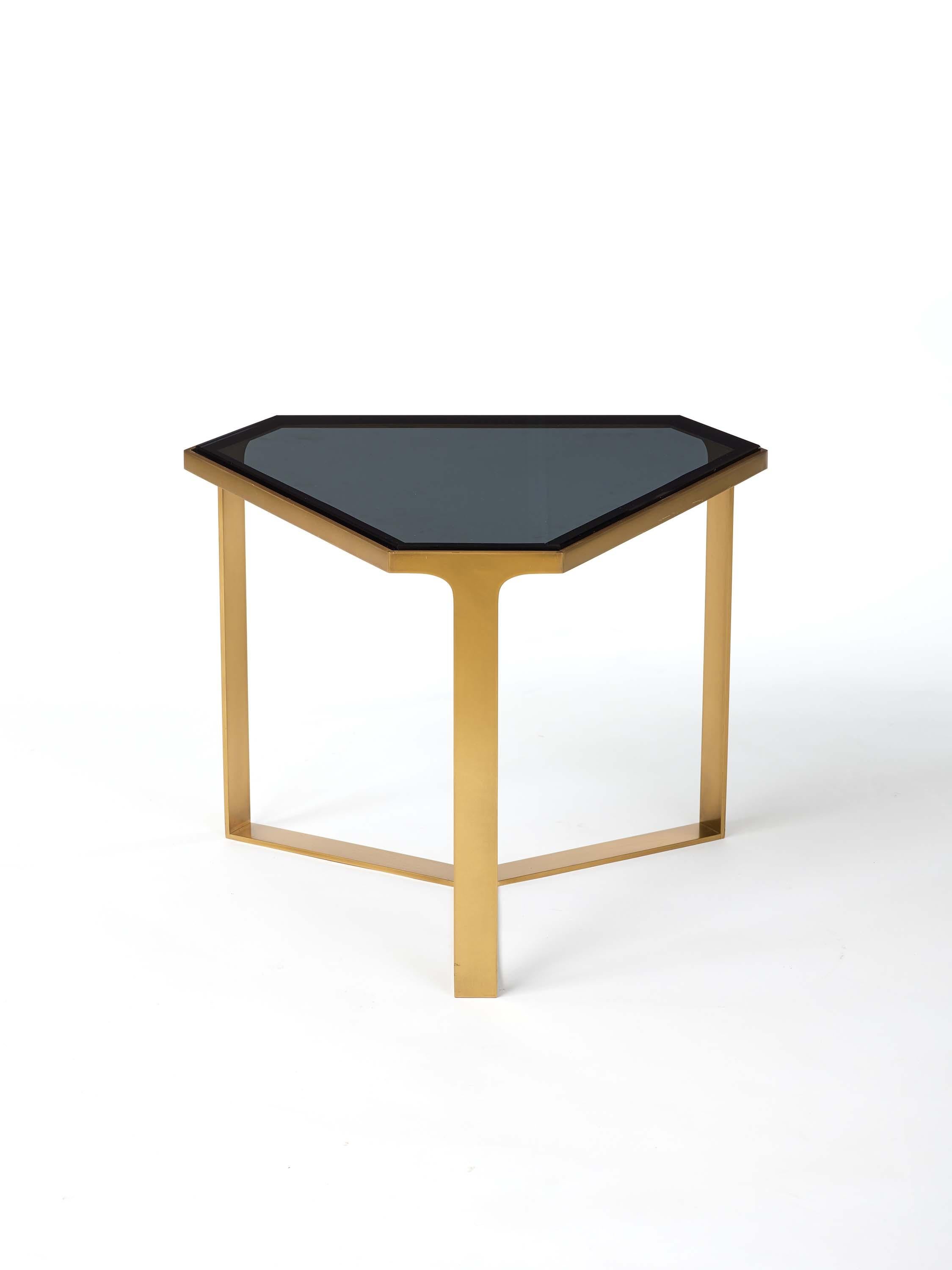 Modern Donghia Forma Table with Satin Brass Base and Gray Glass Top For Sale