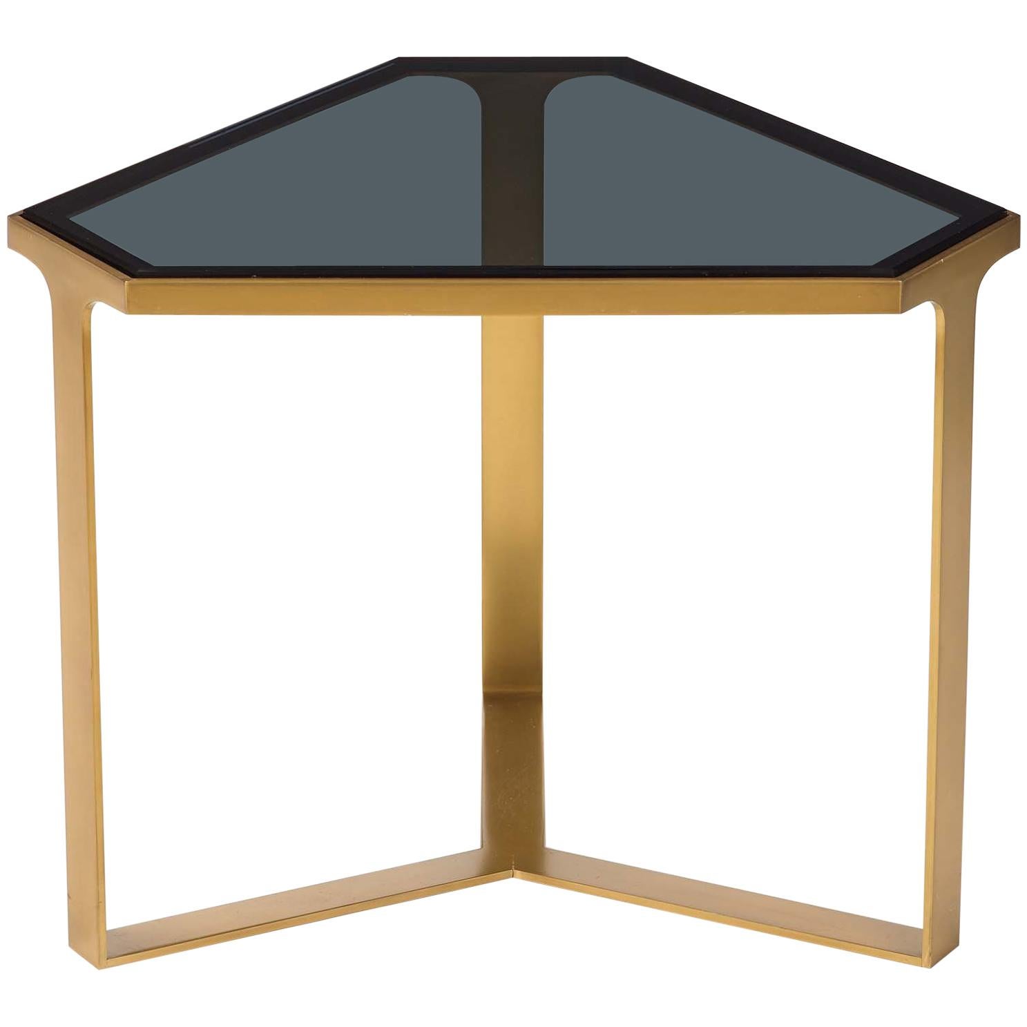 Donghia Forma Table with Satin Brass Base and Gray Glass Top For Sale