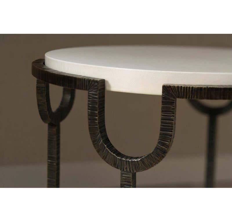 Textured bronze cocktail table with separate top and shelf. Available in crema marfil ivory stone or glass. Top and shelf are sold separately. Any combination for top and shelf available. A perfect table that represents the legacy and lifestyle of