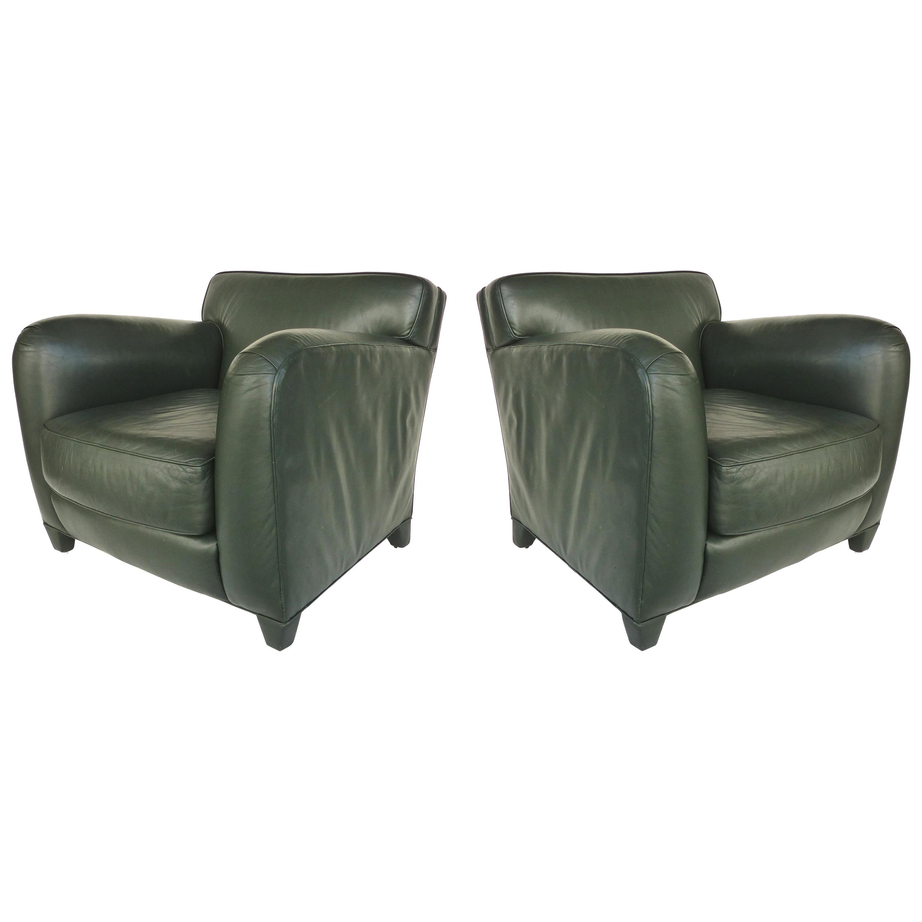 Donghia Leather Club Chairs from the Main Street Collection in Forest Green 