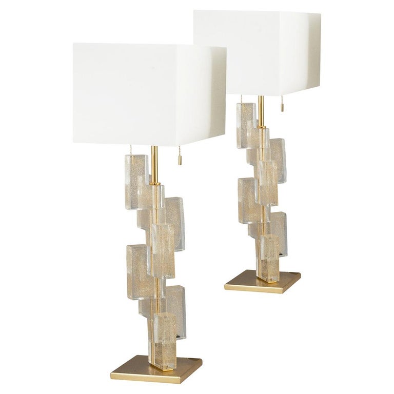 Murano Glass and Satin Gold Table Lamps Handmade Esha Alta by