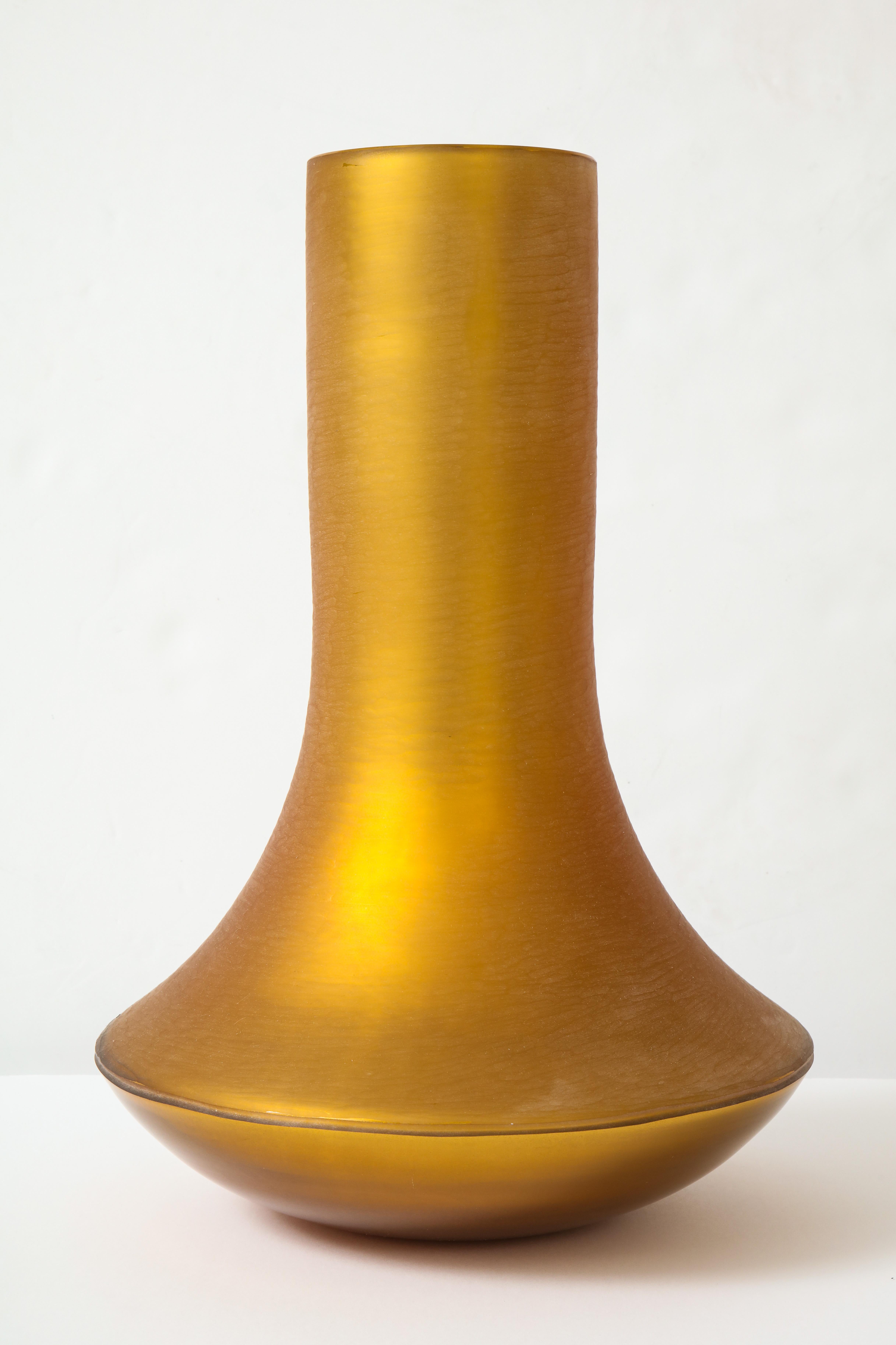 Large scale Murano glass bouquet vase with a matte gold color and chiseled frosted exterior. Etched on bottom.
