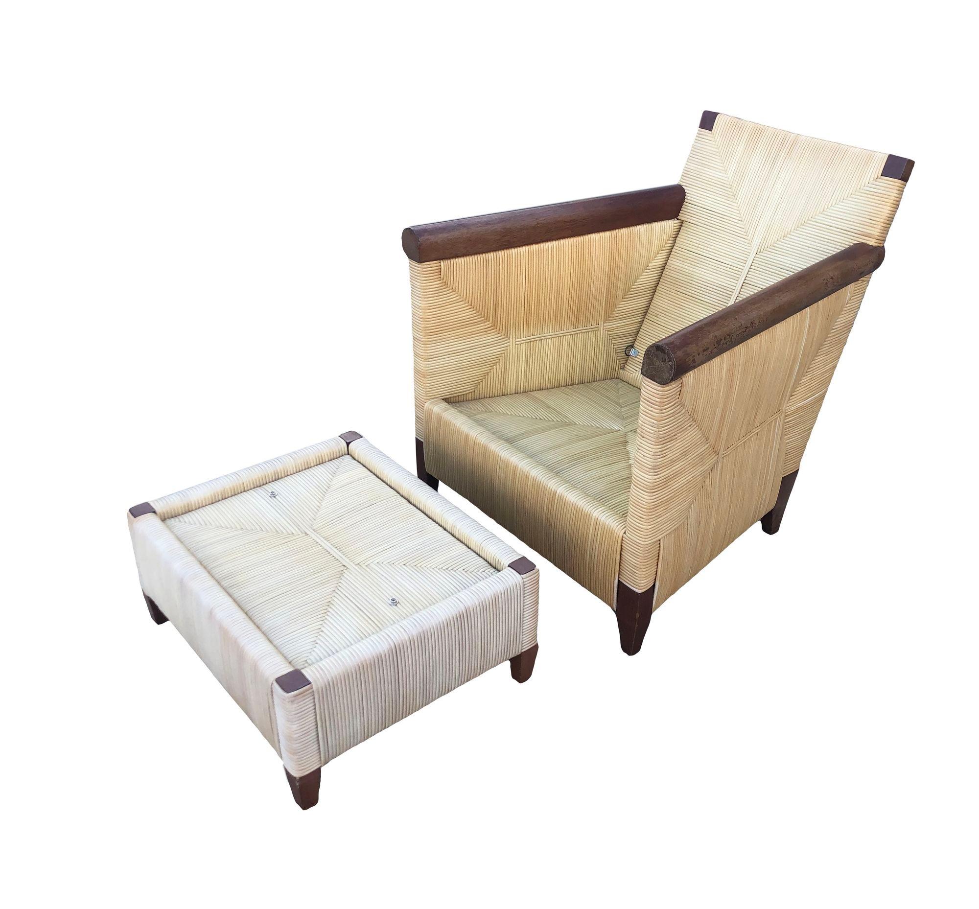 Fabric Donghia Rattan Lounge Chair & Ottoman by John Hutton, The Merbau Collection For Sale
