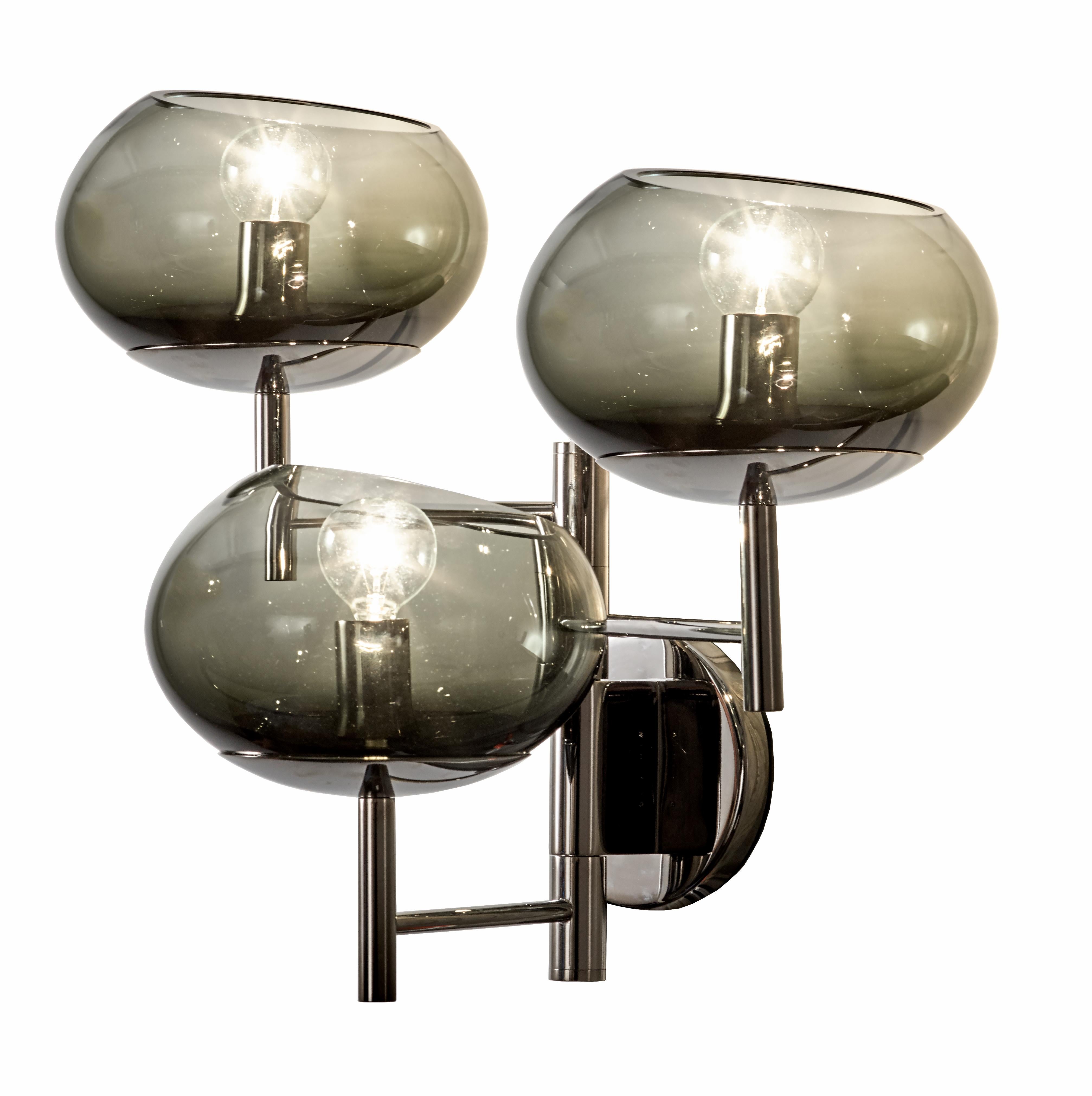 Donghia Renaldo Three-Arm Sconce, Murano Glass in Smoke and Chrome For Sale