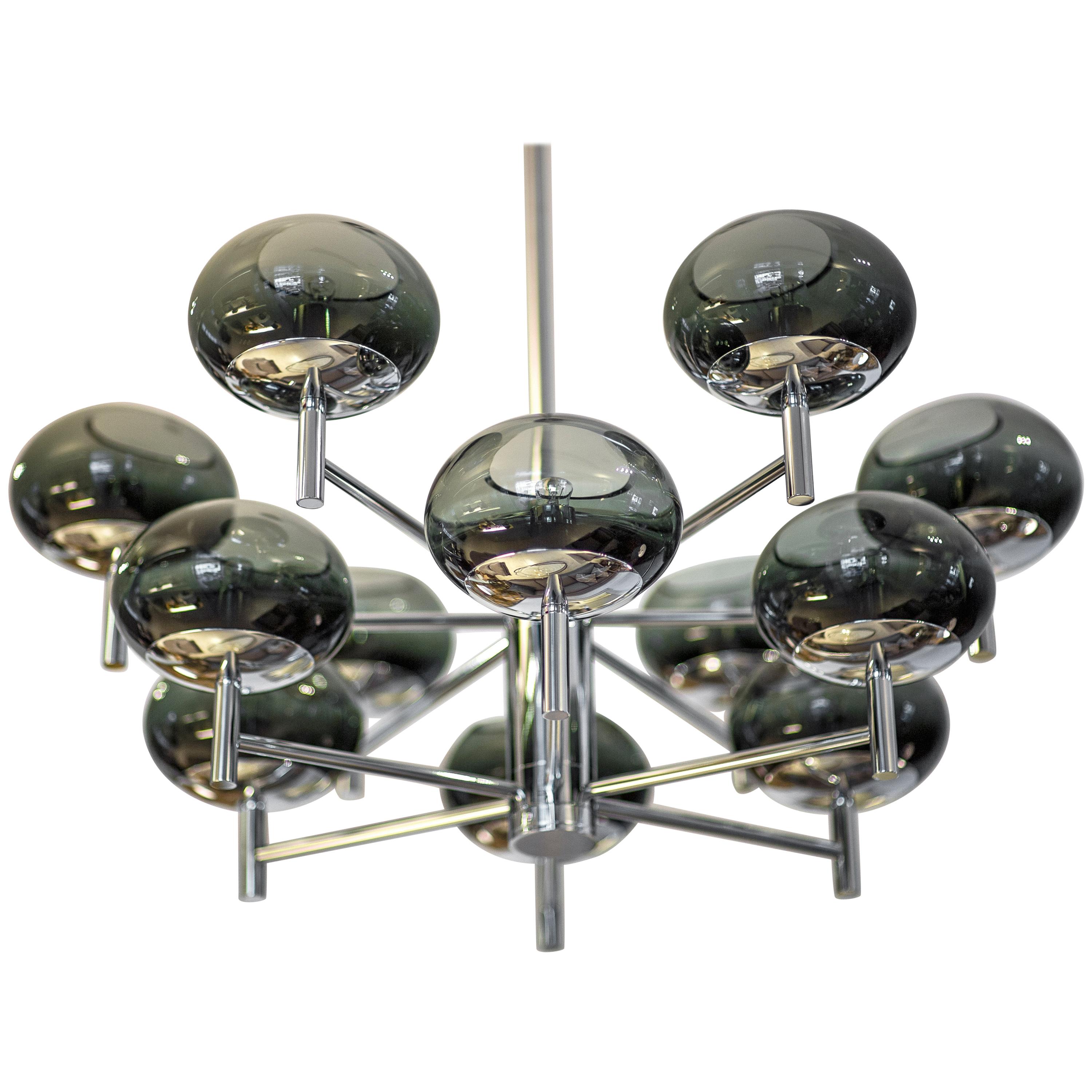 Donghia Renaldo Twelve-Arm Chandelier, Murano Glass in Smoke and Chrome For Sale
