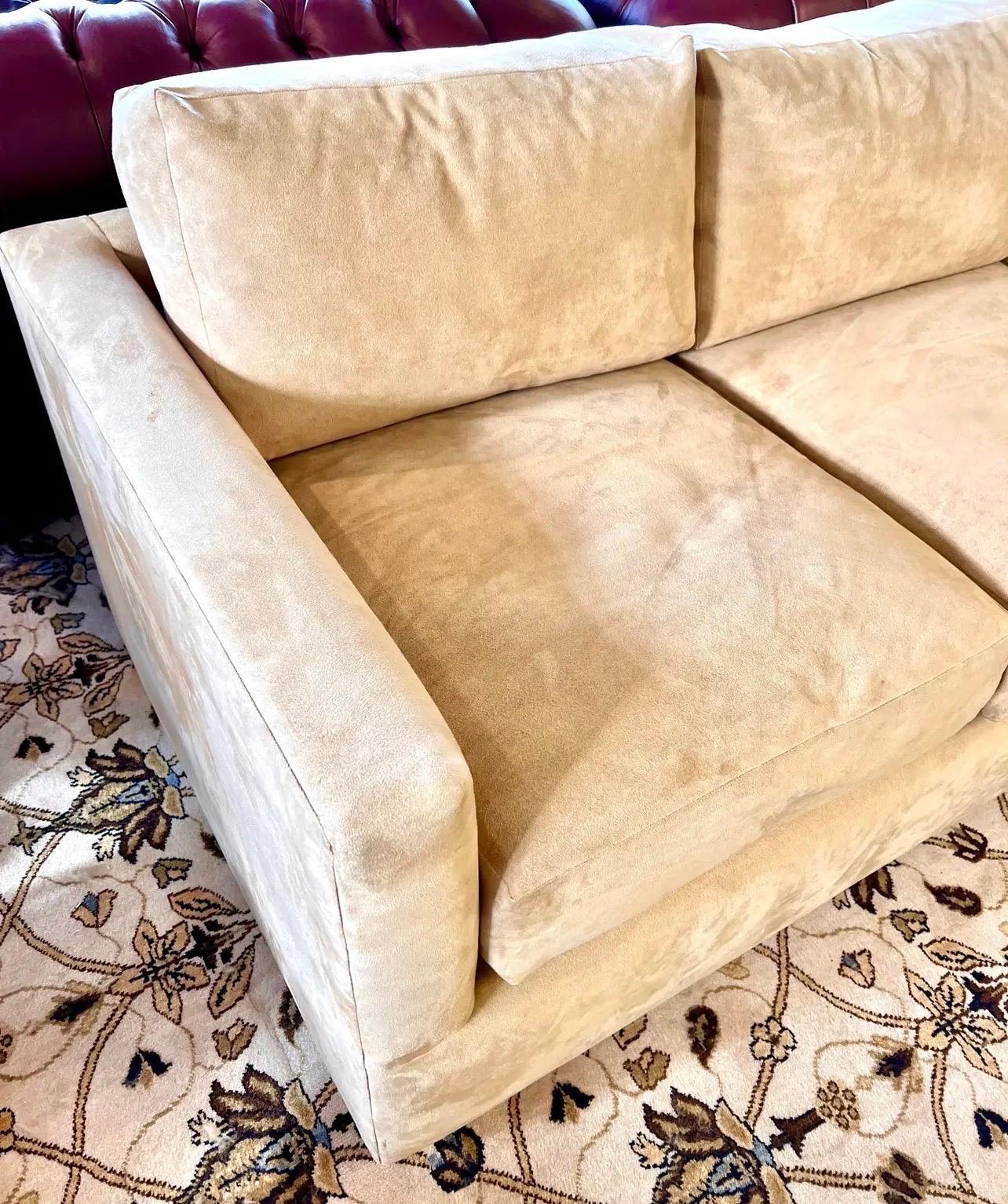 Donghia Signed Tan 100% Suede Leather Three Seater Sofa In Good Condition In West Hartford, CT