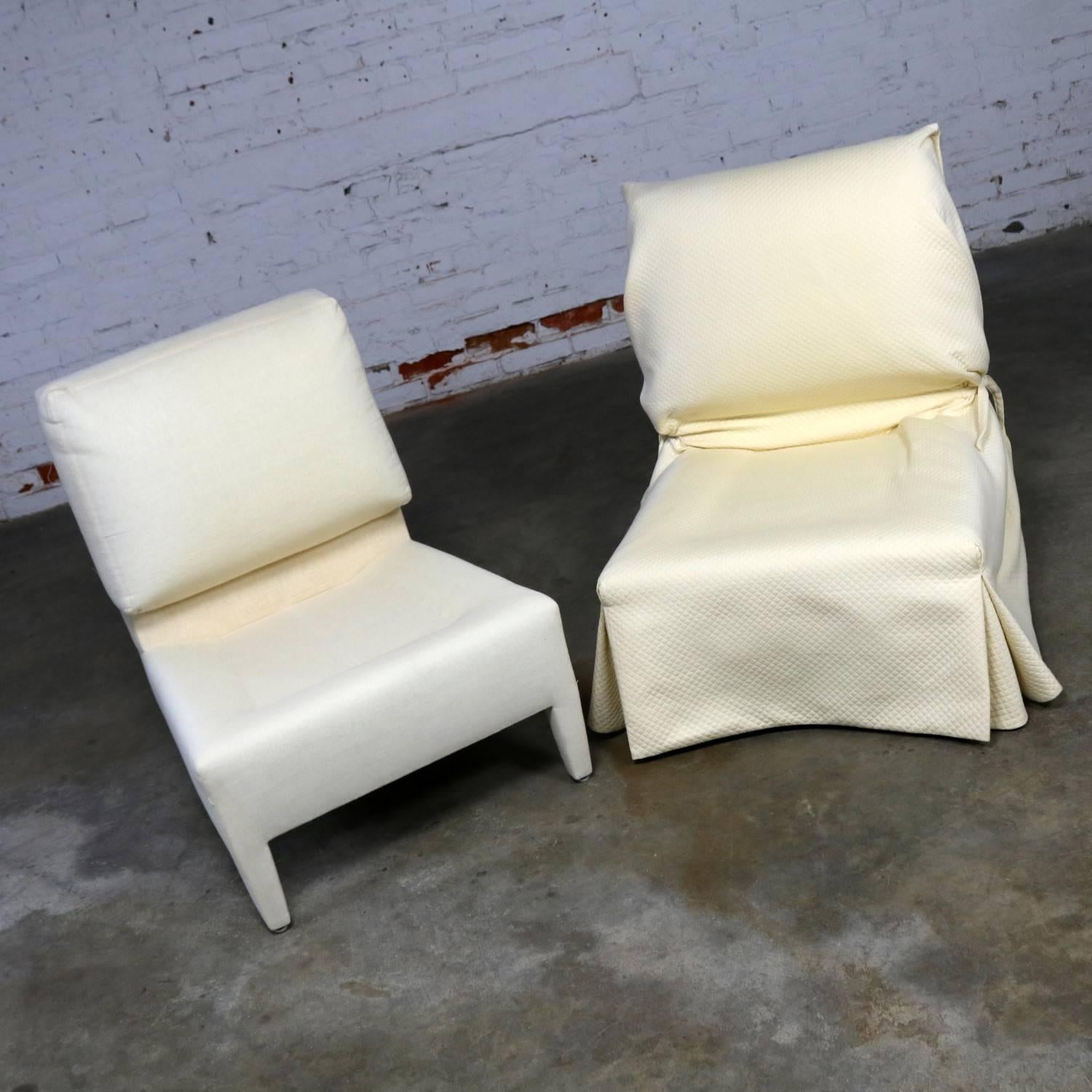 Fabric Donghia Slipper Chair by Angelo Donghia, One Slipcovered One Not