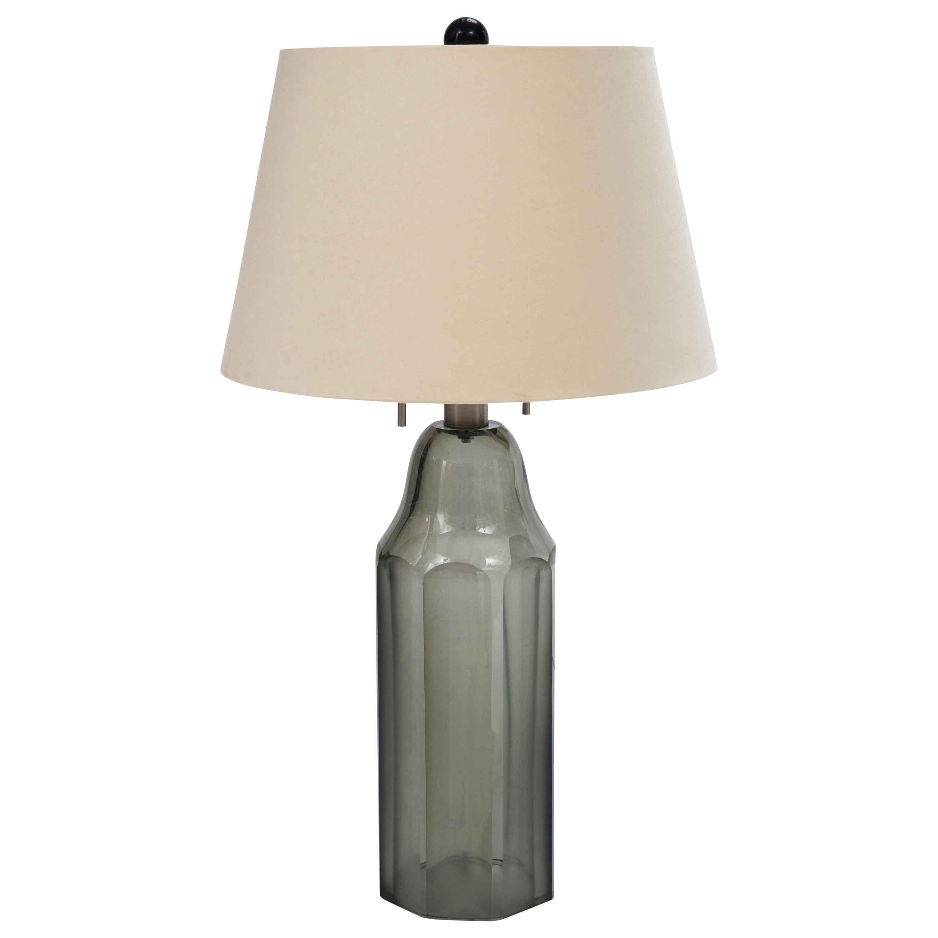 Donghia Tiberia Lamp and Shade, Glass in Smoke with Satin Nickel Details For Sale