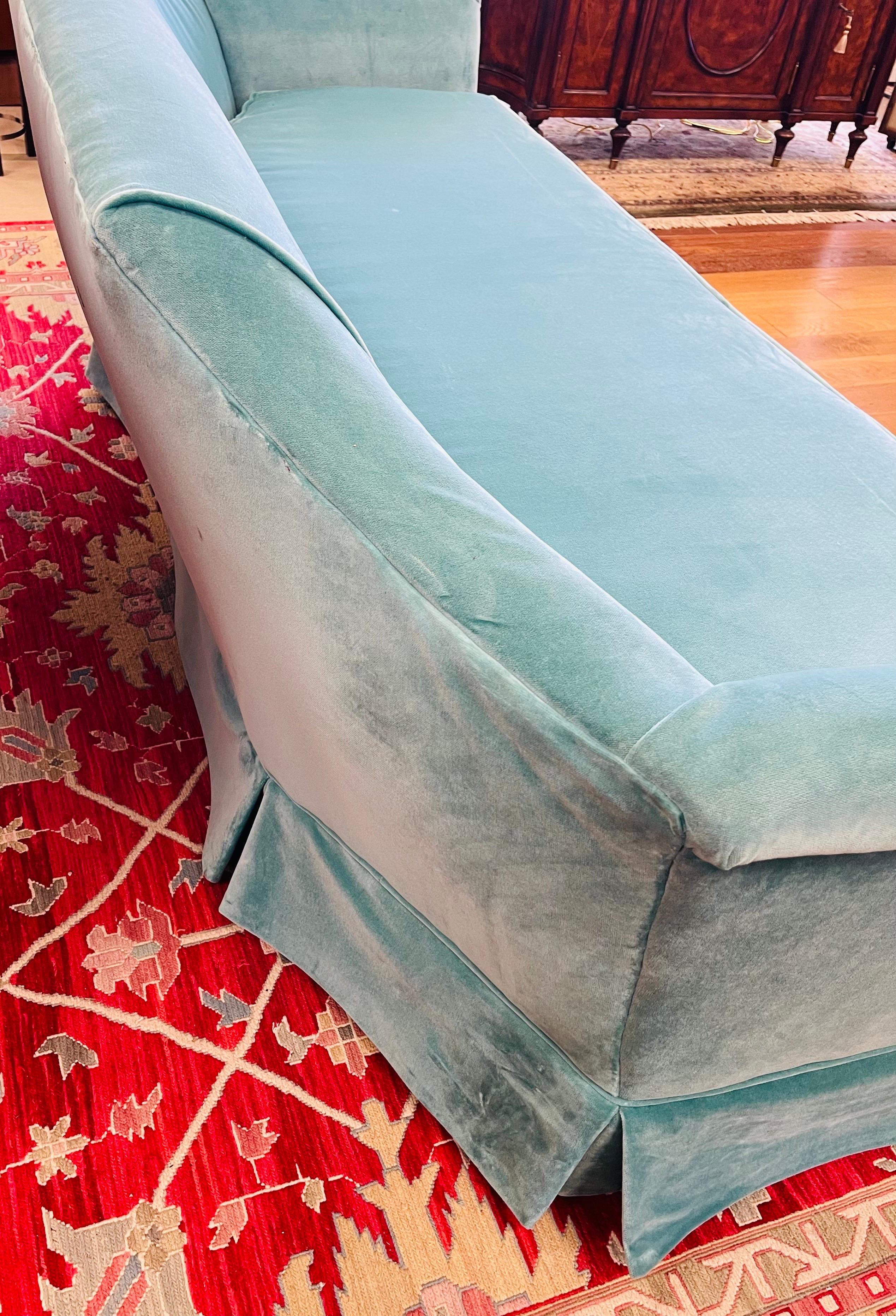 Mid-Century Modern Donghia Velvet Fabric Seafoam Hickory Furniture Curved Sofa 92