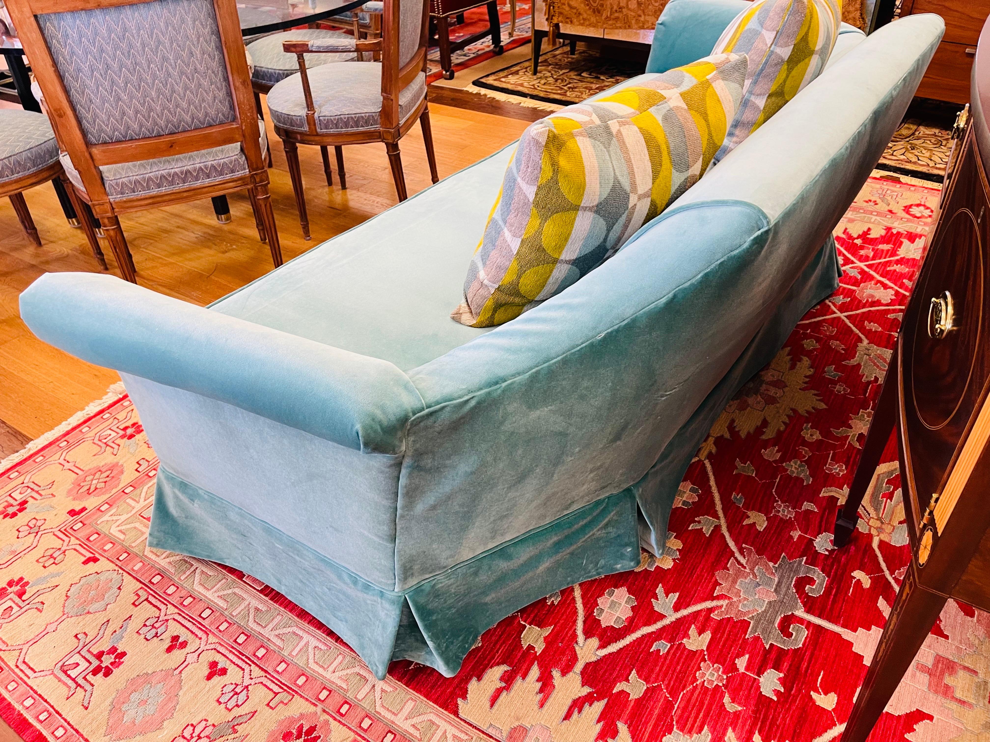 20th Century Donghia Velvet Fabric Seafoam Hickory Furniture Curved Sofa 92