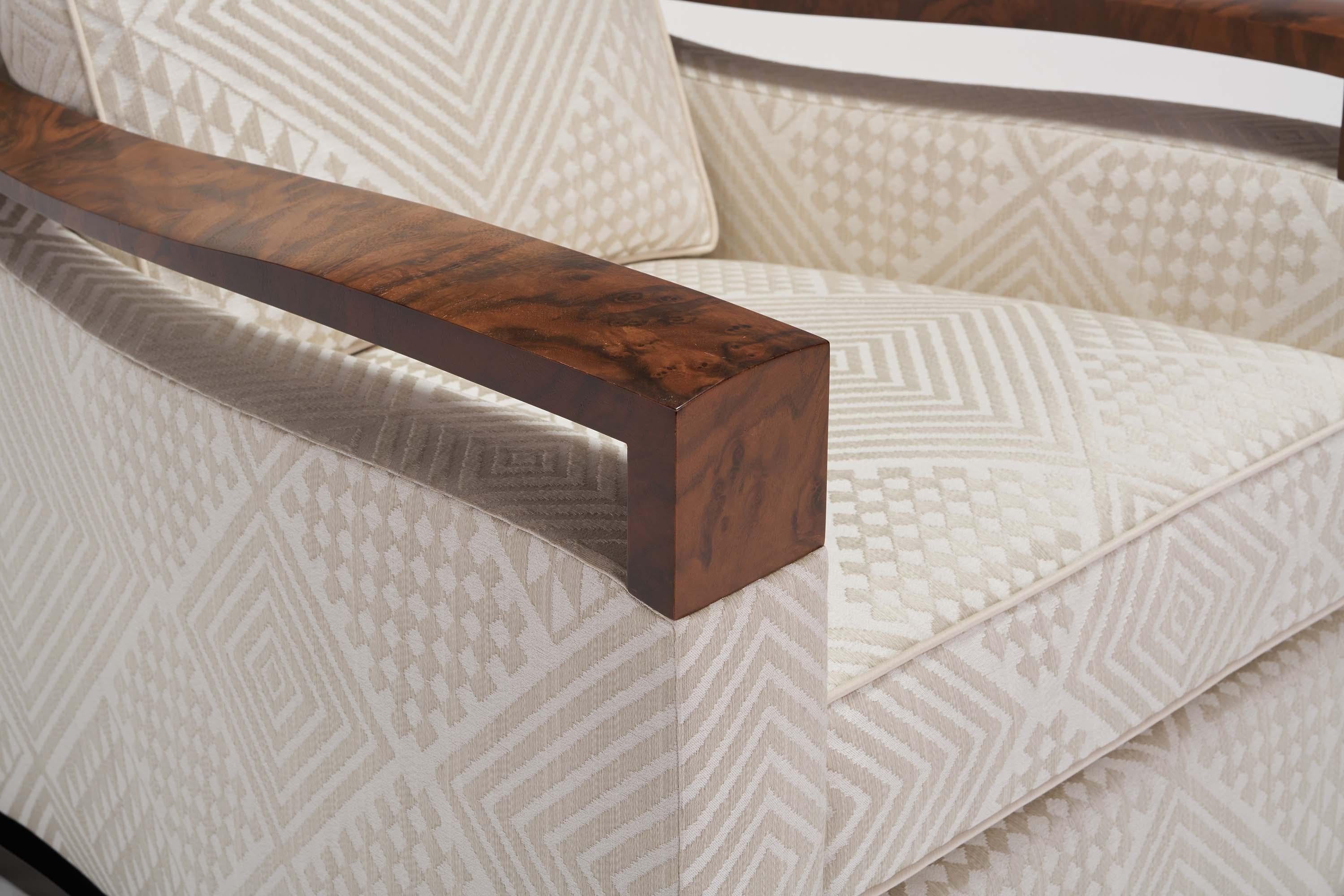 Donghia Woodbridge Club Chair in Cream Cotton Upholstery with Geometric Pattern In New Condition For Sale In New York, NY